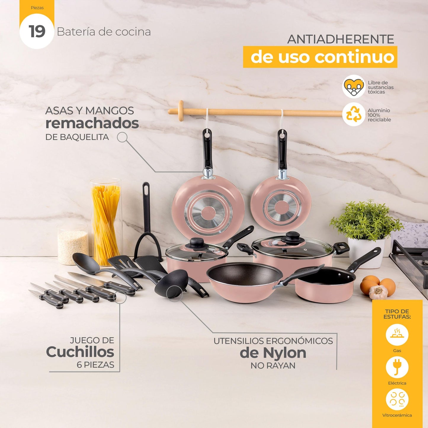 Batería de Cocina Ekco Rosa Antiadherente Serum 19 Piezas de Aluminio