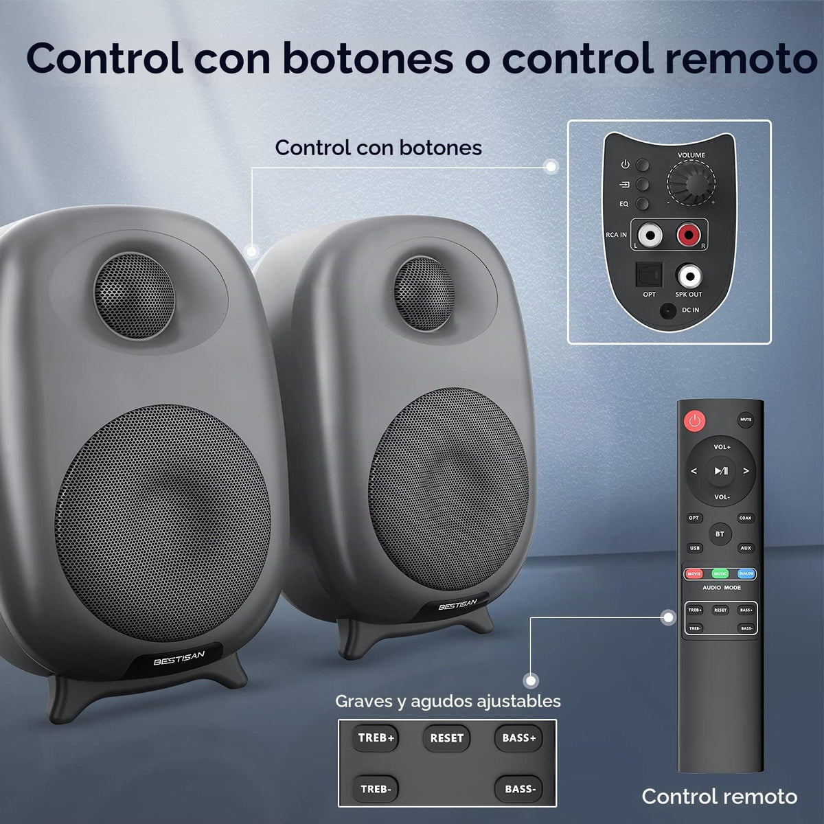 Altavoces de Estantería BESTISAN 60W Bluetooth con Graves y Agudos Ajustables