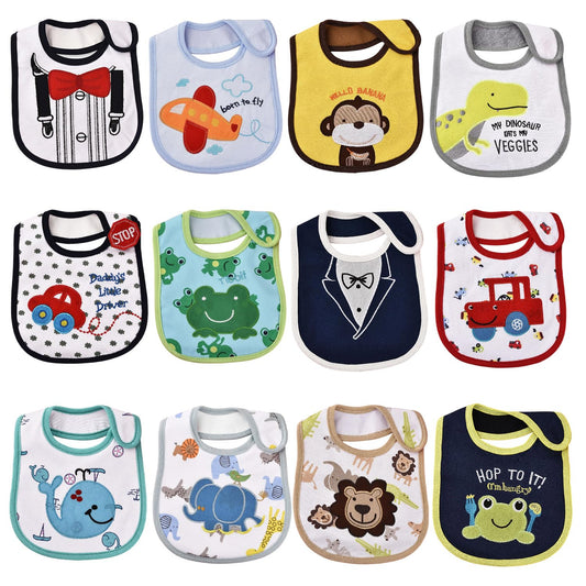 Baberos Bebé Pack 12 Animales Suaves Absorbentes Ajustables para Niños y Niñas