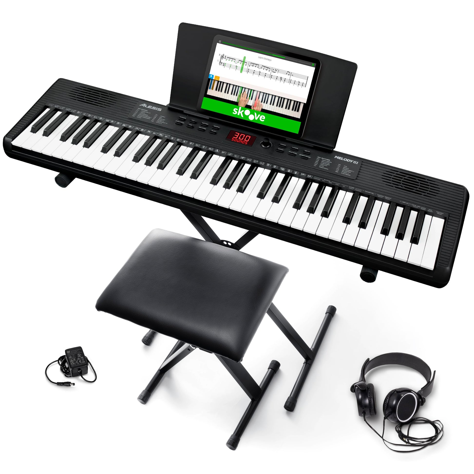 Alesis Melody 61 MK4 Teclado Piano Eléctrico para Principiantes con 61 Teclas, Altavoces, Soporte, Banqueta, Auriculares, 300 Sonidos y Lecciones de Música