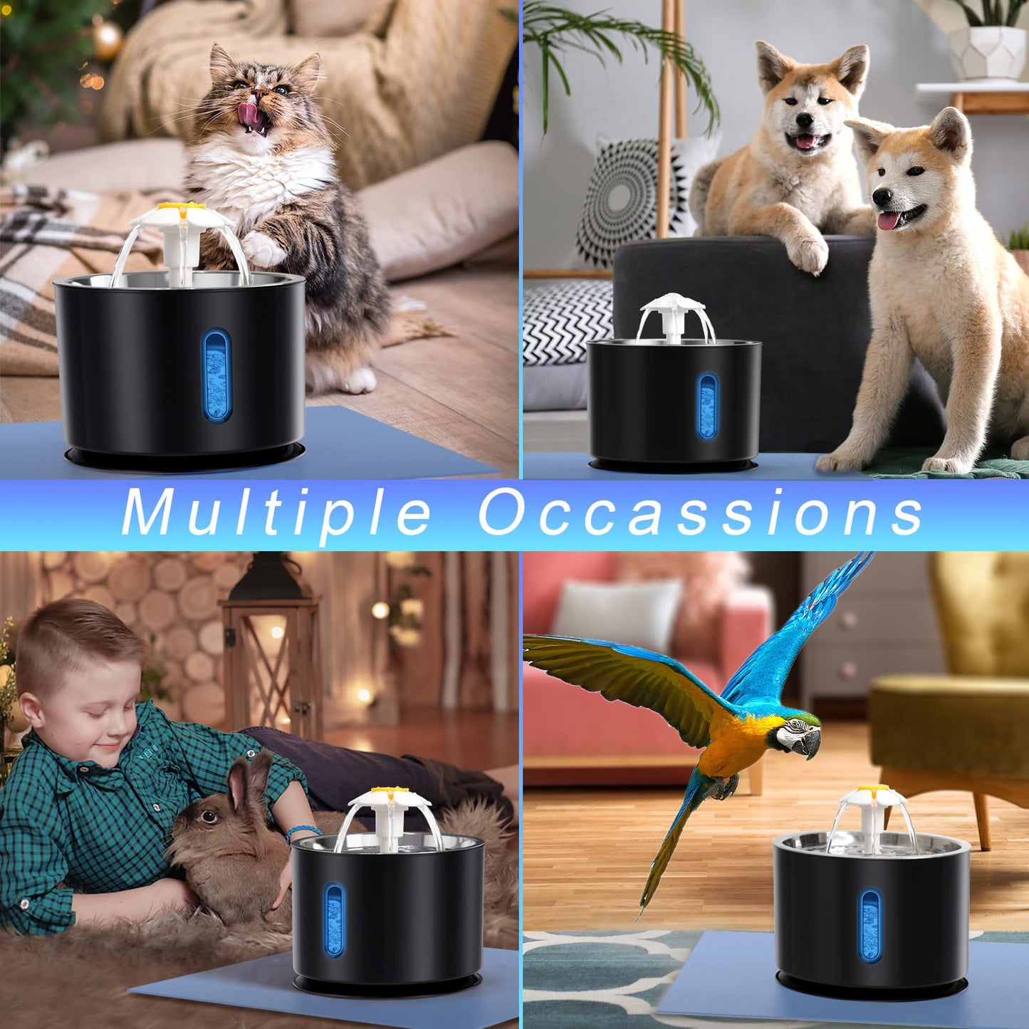 Fuente de agua para gatos Parner, 2,4 l de acero inoxidable automático para mascotas, dispensador de agua con bomba inteligente e indicador LED para alerta de escasez de agua, fuente de agua para gatos y perros con 4 filtros de repuesto y alfombrilla de s