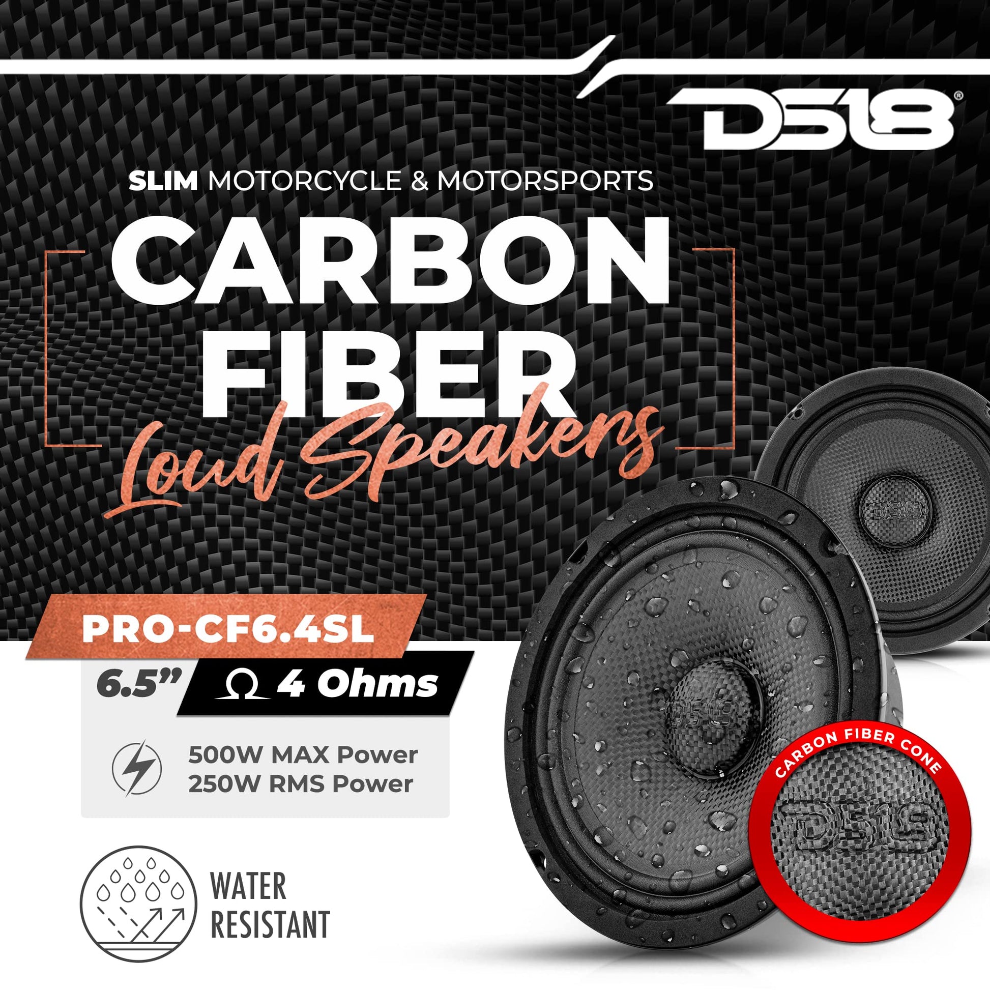 DS18 PRO-CF6.4SL - Altavoz delgado de 6.5 pulgadas de 500 vatios RMS de potencia máxima de 4 ohmios, cono de fibra de carbono, resistente al agua, altavoz medio bajo, gran altavoz para motocicletas y