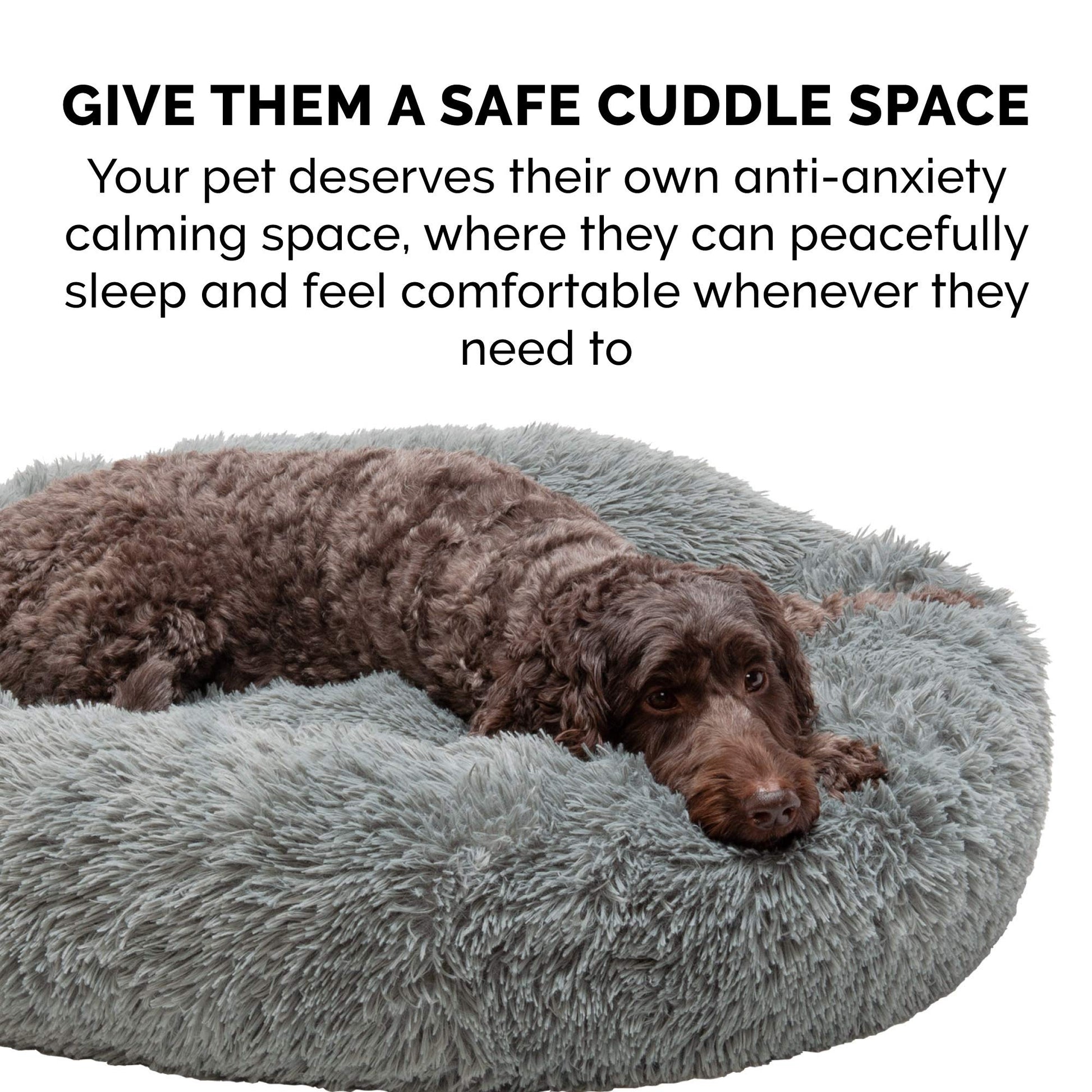 Furhaven 36" Round Large Donut Dog Bed Plush Long Faux Fur Calming Cuddler w/Removable Washable Cover - Gray, Large