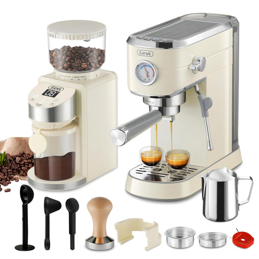 Gevi - Máquina de Espresso Profesional Compacta de 20 Bares Con Espumador de Leche Para Expreso, Latte y Capuchino Con 35 Ajustes Precisos de Molienda, Color Beige