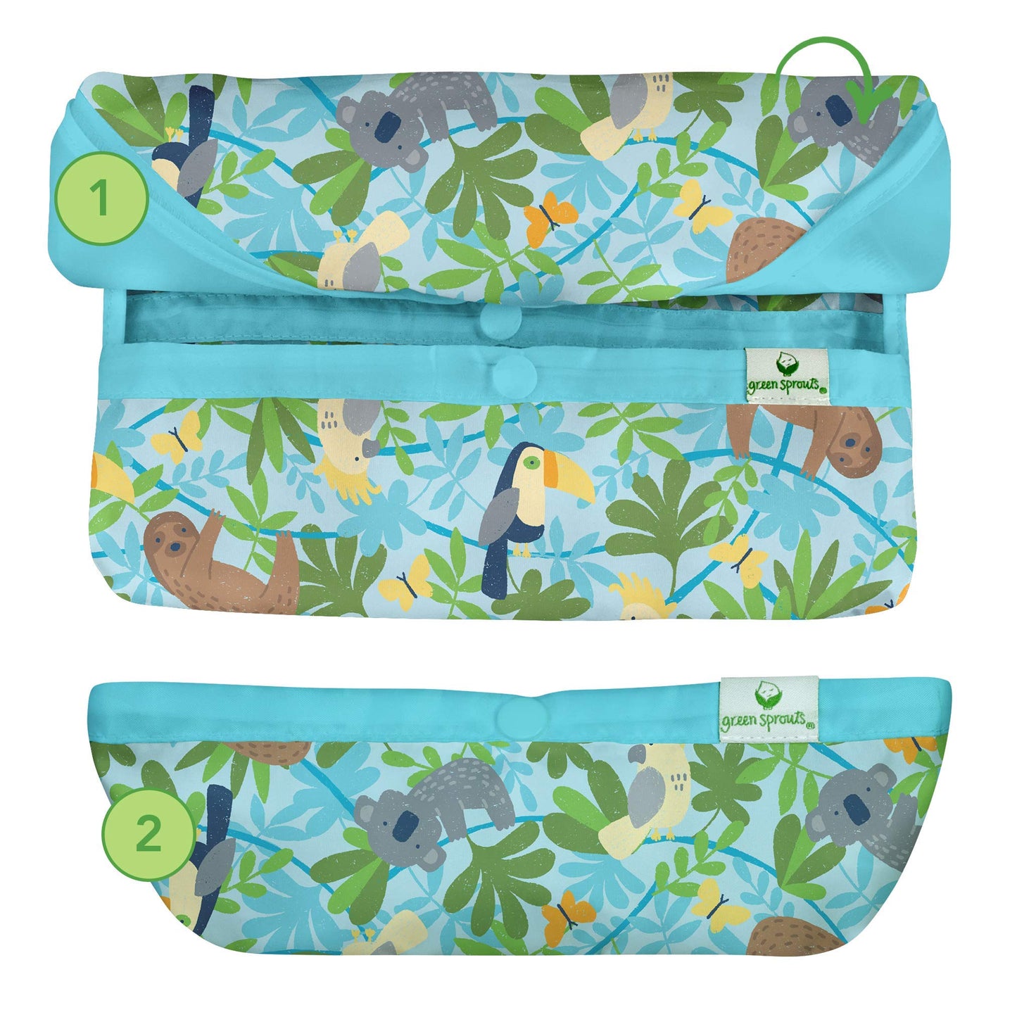 green sprouts Easy-wear Long Sleeve Bib | Waterproof Protection from Mealtime to Playtime | Flipped Pocket, Soft Material, Easy Clean Smock, Aqua Sloth Jungle, 2T-4T