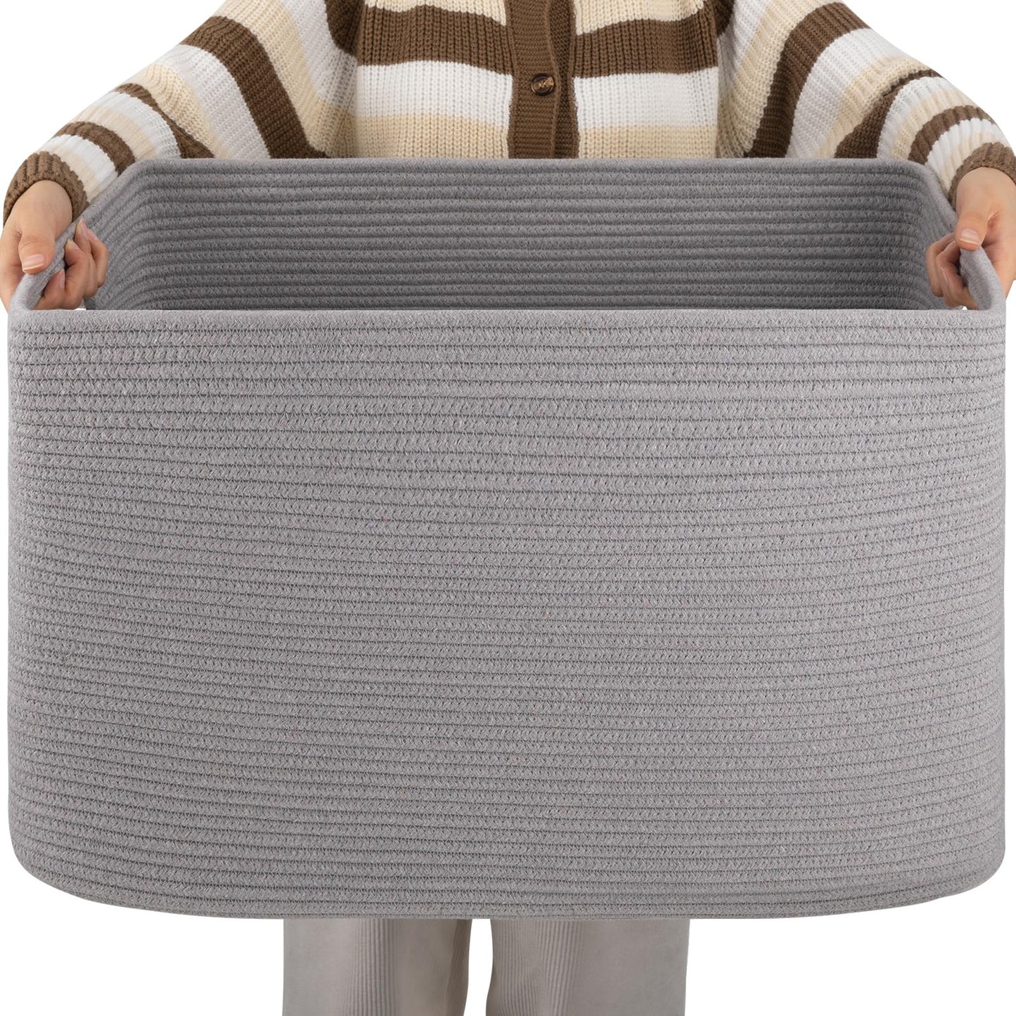 OIAHOMY - Cesta Rectangular XXL de Manta de 96 L, cesta tejida de algodón para almacenamiento, cesta de ropa sucia para sala de estar, guardería, recámara, organización de juguetes con asa, 24" x 16