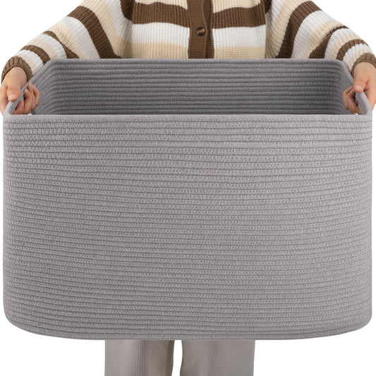 OIAHOMY - Cesta Rectangular XXL de Manta de 96 L, cesta tejida de algodón para almacenamiento, cesta de ropa sucia para sala de estar, guardería, recámara, organización de juguetes con asa, 24" x 16