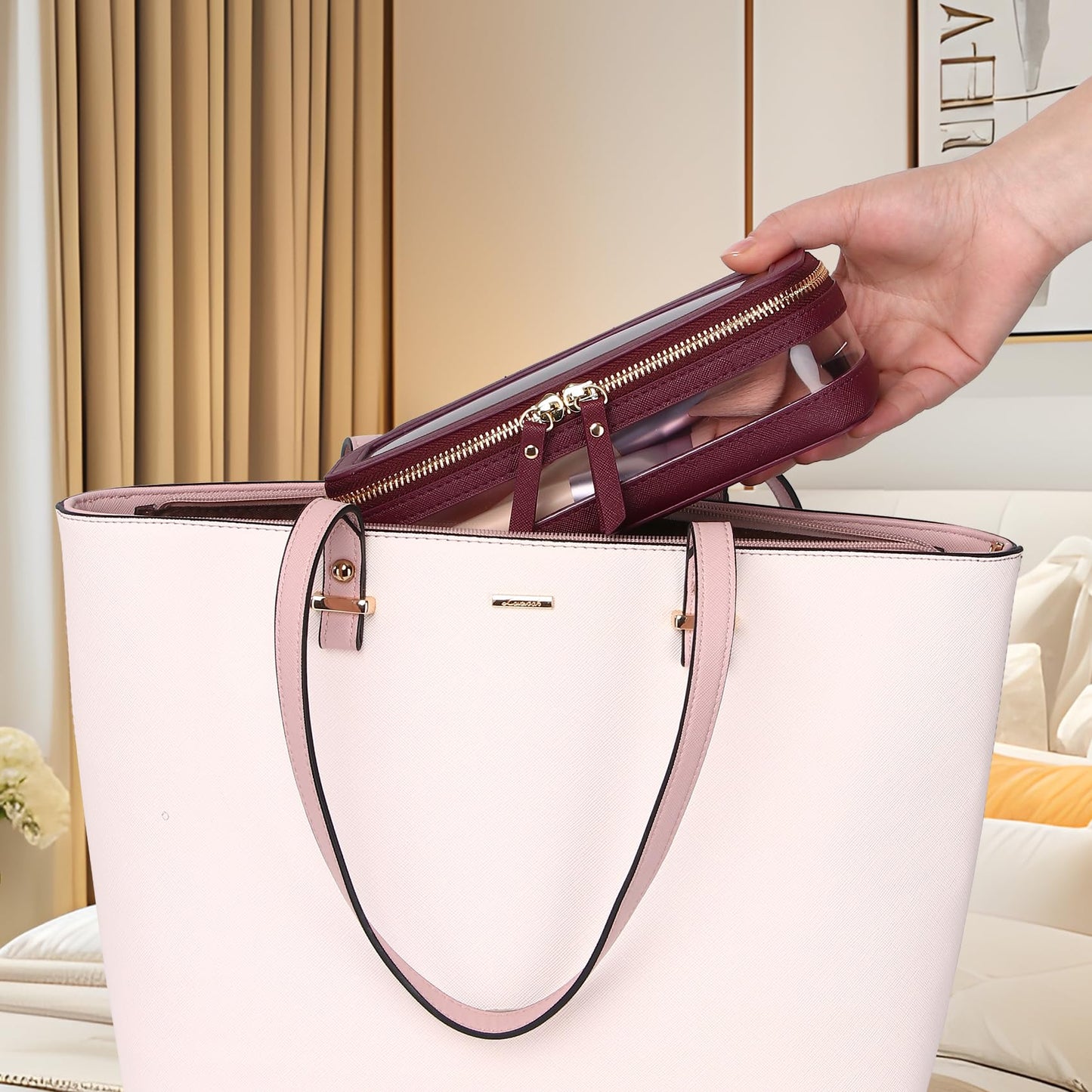 Pinkmik - Estuche para brochas de maquillaje transparente de viaje y neceser, bolsa de maquillaje pequeña con cierre, organizador para mujer, B2/Borgoña, SLIM-1