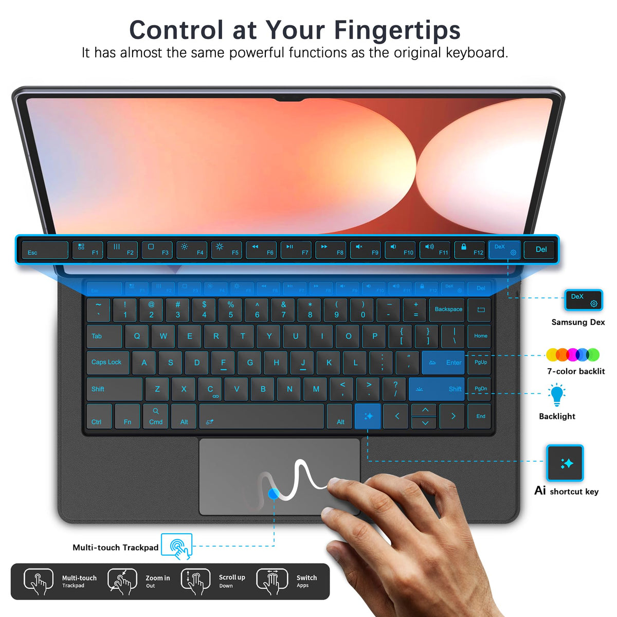 Funda Teclado Samsung Galaxy Tab S10/S9/S8 Ultra Negro Soporte Magnético Flotante Retroiluminado 7 Colores
