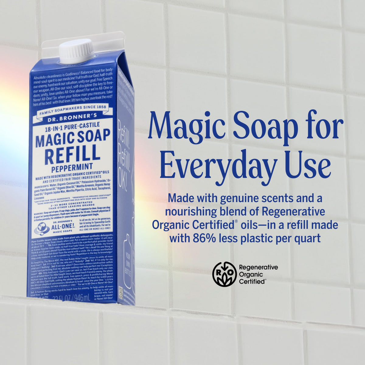 Dr. Bronner's Menta | Recambio de Jabón de Castilla Puro, Refill de Cartón (946 ml)