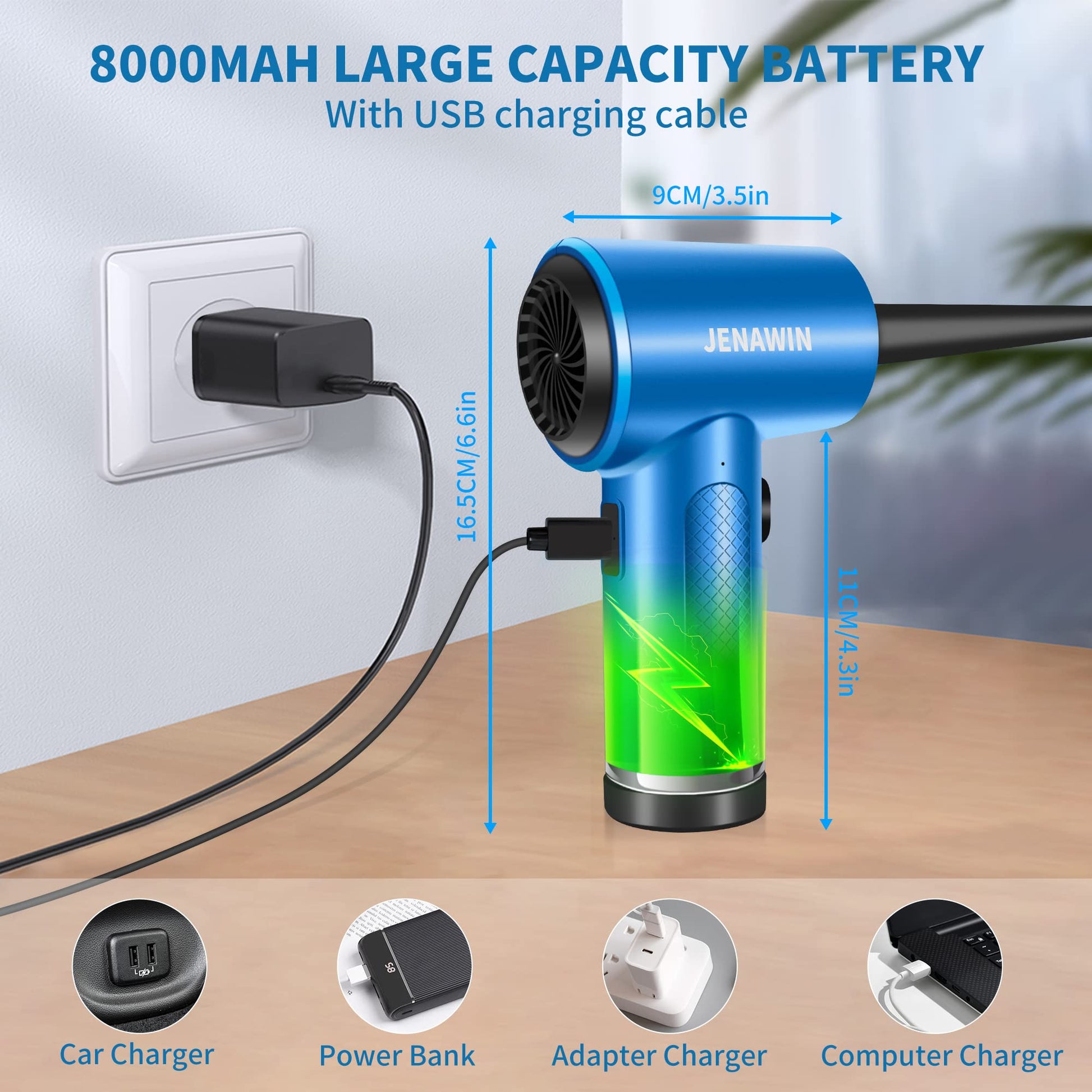 Jenawin - Plumero eléctrico de aire comprimido, 3 velocidades 91000 RPM, 8000 mAh recargable, kit 14 en 1 con LED, para computadoras, teclados, coches y más