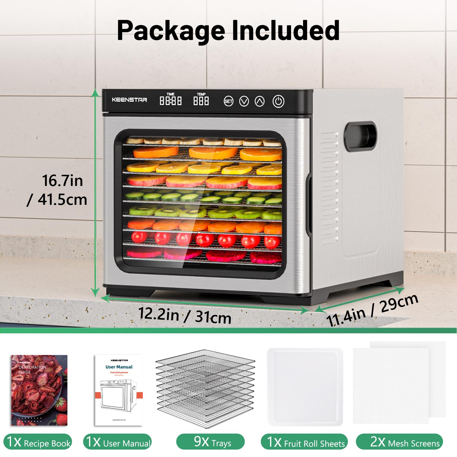 Deshidratador de alimentos para Jerky 1000 W, 9 bandejas de acero inoxidable, control de temperatura de 160 °F, espacio de secado de 8.7 pies cuadrados, temporizador de 48 horas, máquina secadora para