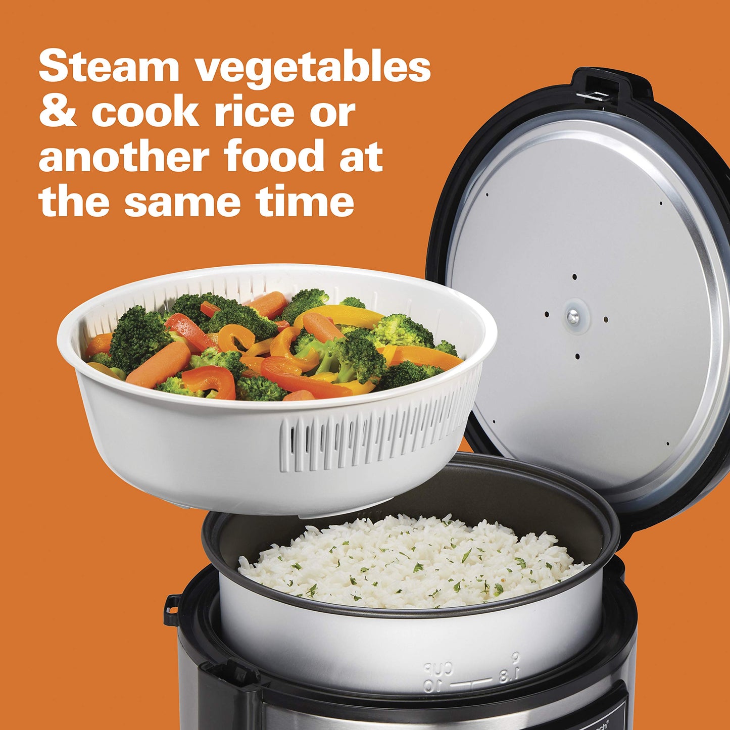 Hamilton Beach - Arroz digital programable y vaporizador de alimentos, 20 tazas cocidas (10 tazas sin cocinar), 14 ajustes preprogramados para saltear cereal caliente, sopa, olla antiadherente, acero