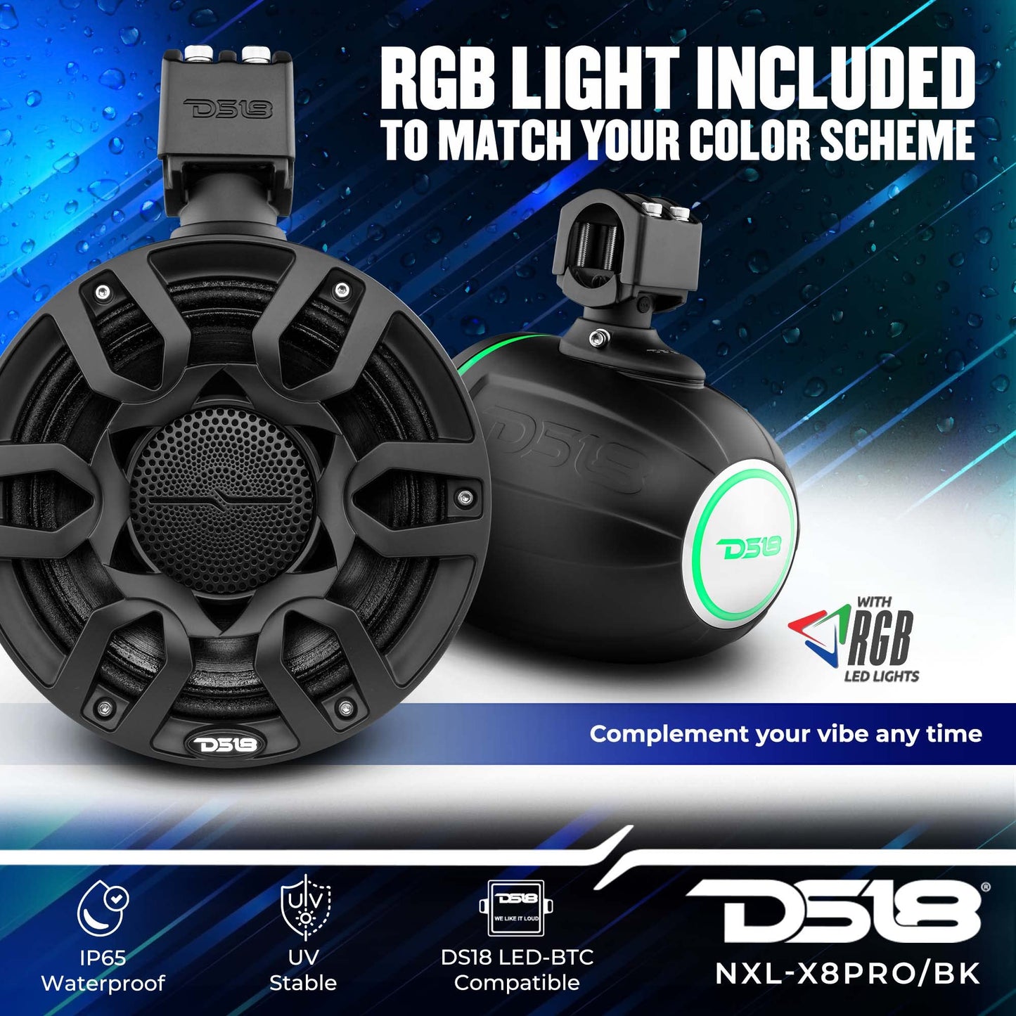 DS18 Hydro NXL-X8PRO/BK Altavoces compactos de torre de Wakeboard de 8 pulgadas con altavoz híbrido de rango medio y driver de compresión, luces LED RGB integradas, 500 vatios, cubierta de altavoz