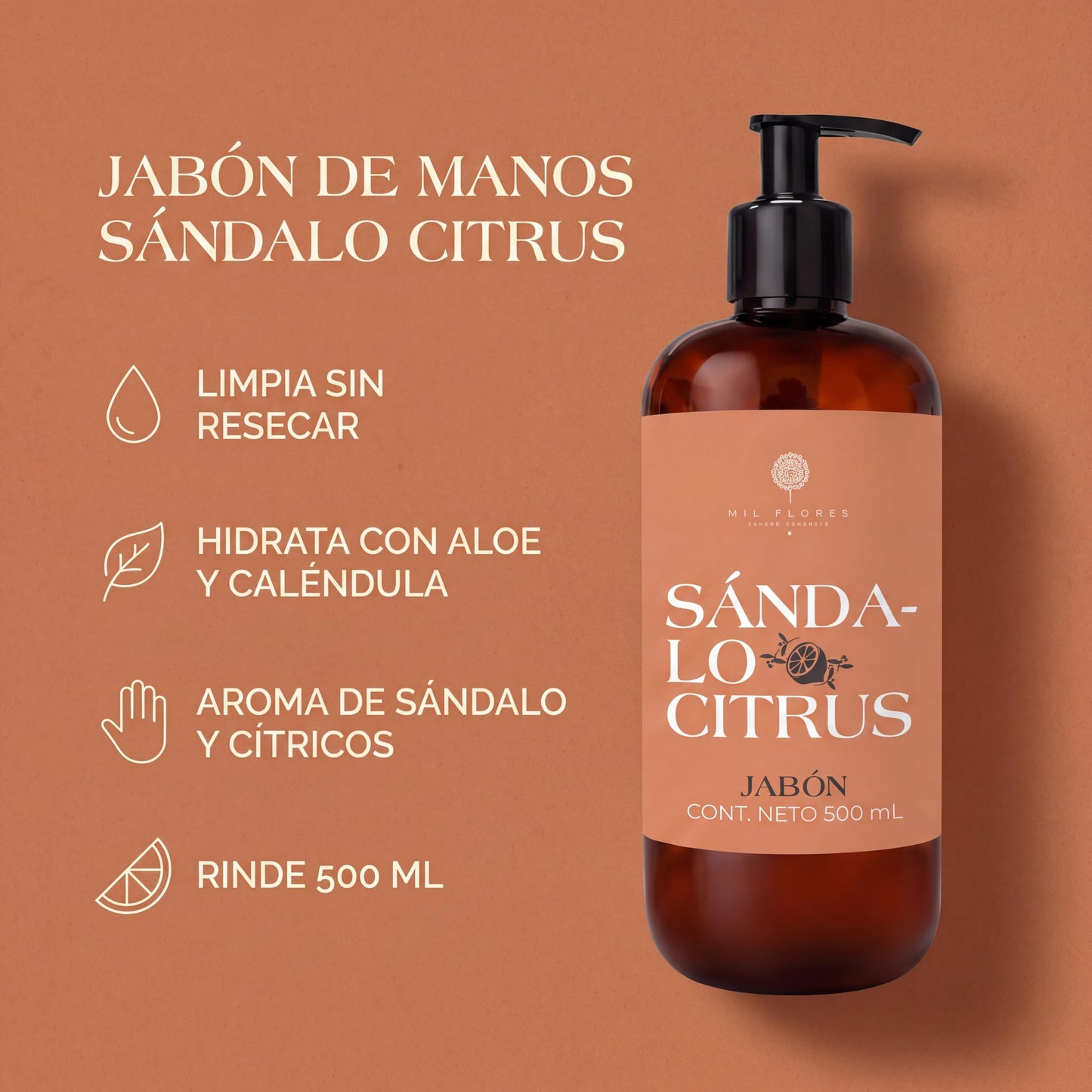 Mil Flores — Jabón Líquido Premium para Manos 500 ml SÁNDALO CITRUS | Ritual de Aromaterapia | Hidrata y Cuida la Piel | Esencias 100% Naturales