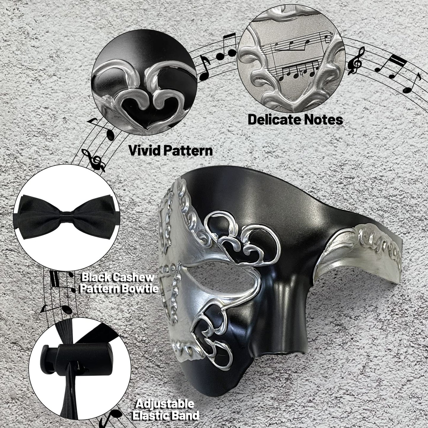 HyperFun Máscara de máscaras para hombre, fantasma de la ópera, máscara de media cara con corbatín, máscaras venecianas clásico para fiestas de disfraces/temáticas (oreja negra)