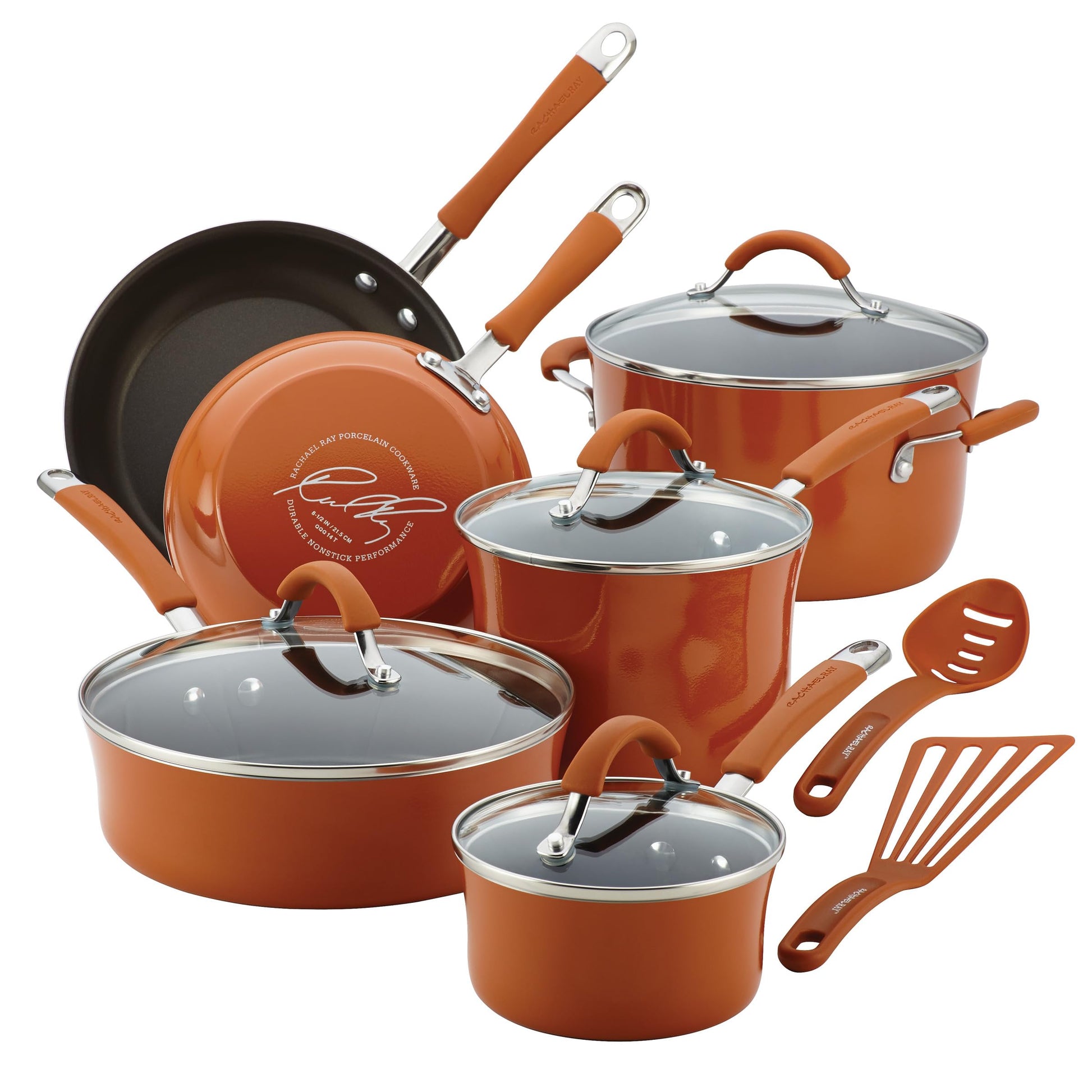 Batería de Cocina Rachael Ray Cucina Anaranjado Calabaza Antiadhesiva de Porcelana Dura 12 Piezas