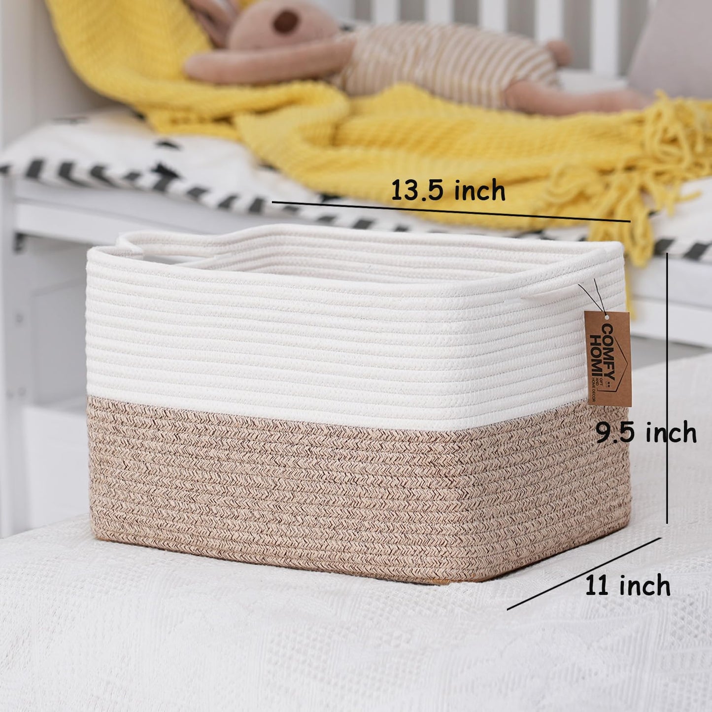 COMFY-HOMI Cesta tejida de cuerda de algodón con asas para estantes, juguetes, libros, cestas de almacenamiento de tela para organizar, 1 organizador decorativo de juguete para sala de estar, baño