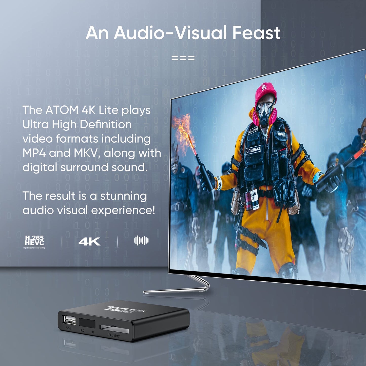NEUMI Atom 4K Lite Reproductor multimedia digital Ultra-HD para unidades USB y tarjetas SD, reproduce videos 4K/UHD, HEVC/H.265, HDMI y AV analógico, reproducción automática, bucle, capacidad de