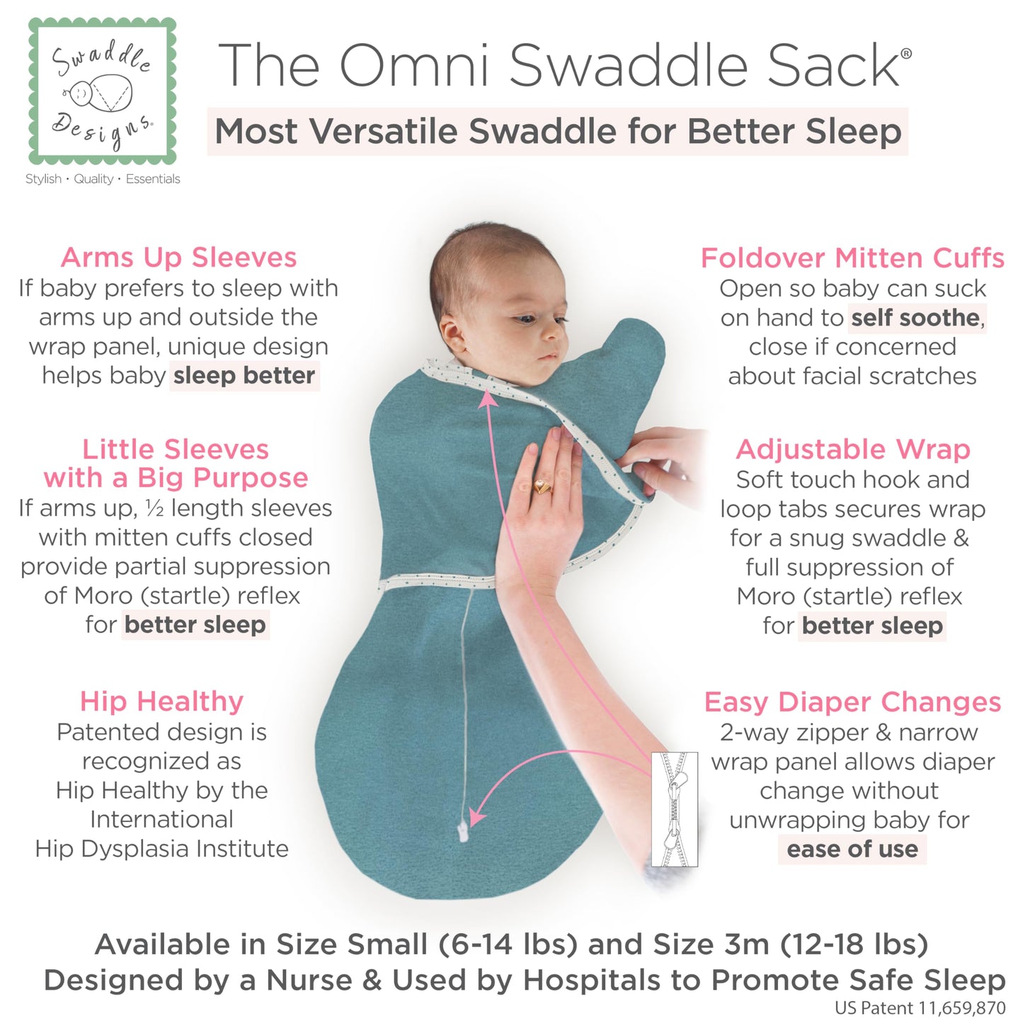 SwaddleDesigns - Saco Omni de 6 vías para recién nacido con mangas envolventes y puños de manopla, fácil transición, mejor sueño para bebés y niñas, verde azulado jaspeado, S, 0-3 meses