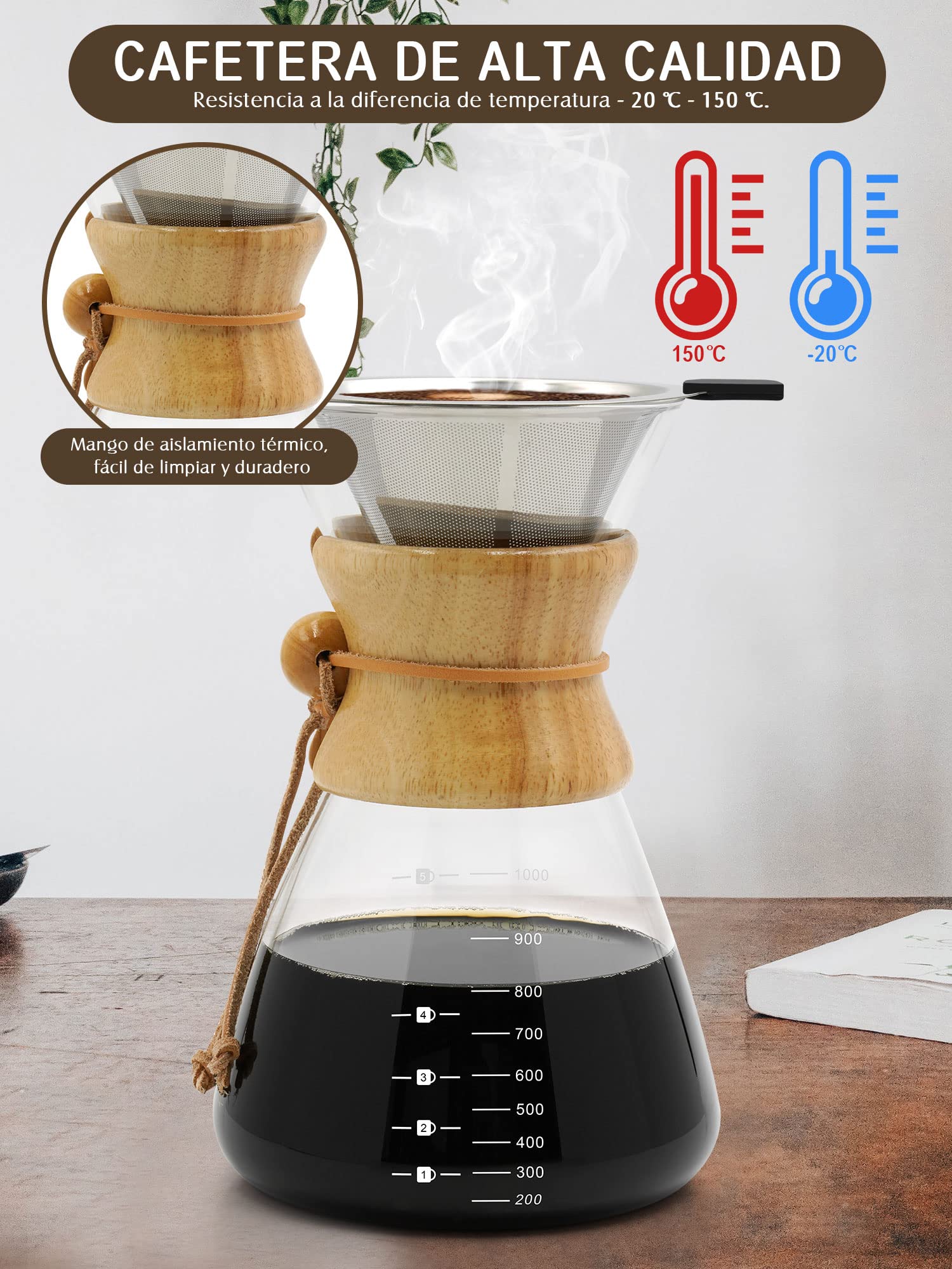 Cafetera De Vidrio 1000ML con Filtro de Acero Inoxidable 304 para Goteo Manual