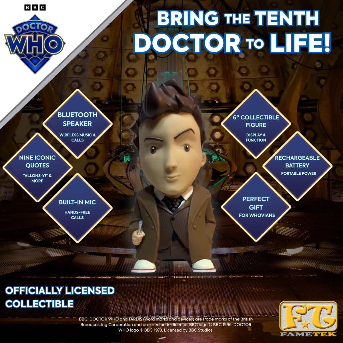 Altavoz Bluetooth FAMETEK Décimo Doctor de Doctor Who con Figura Parlante Seis Pulgadas y Citas Icónicas
