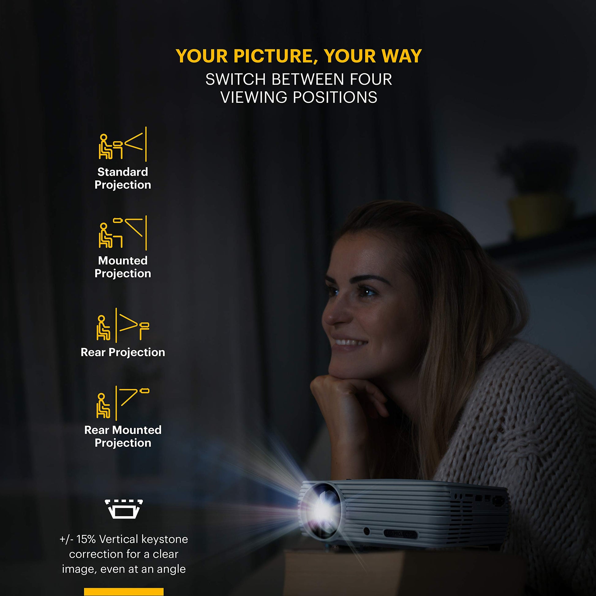 KODAK FLIK X7 Proyector para el hogar (máximo 1080p HD) con trípode y funda incluida, compacto, proyectos de hasta 150 pulgadas con resolución nativa de 720p y 30.000 horas, lámpara LED de lúmenes |
