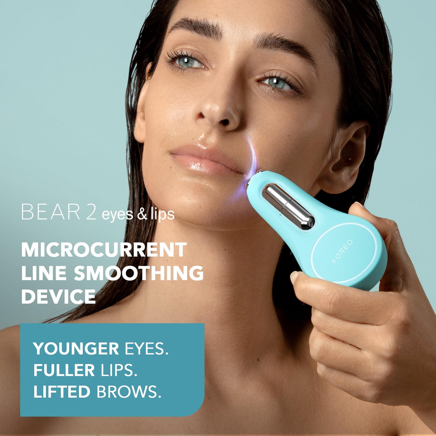 FOREO Set A Wink 'n' a Smile - BEAR 2 Eyes & Lips masajeador facial con radiofrecuencia - microcorrientes facial + 3x3,5 ml Sérum SUPERCHARGED Eye & Lip Contour Booster - Contorno de ojos - Artic Blue
