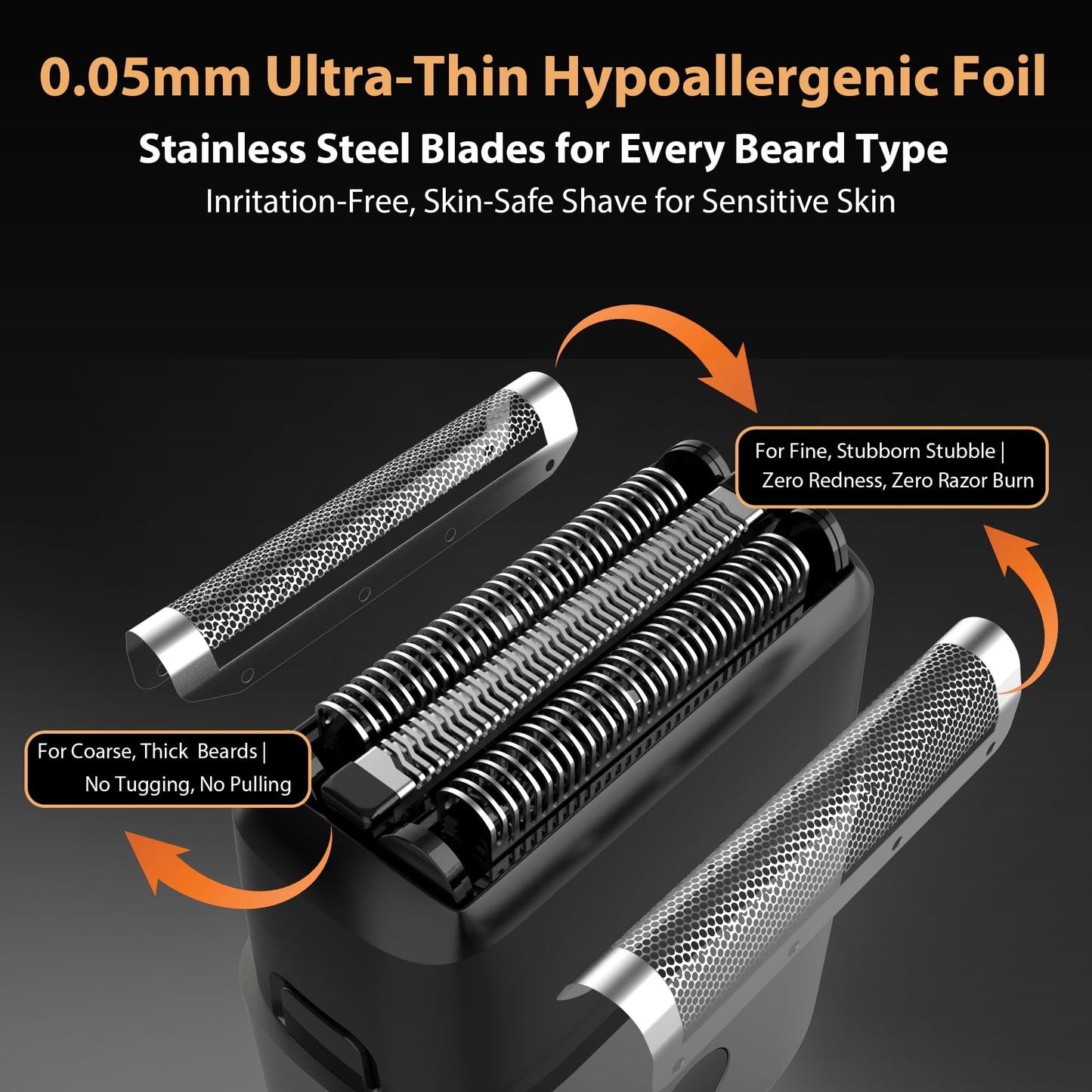 Maquinilla de afeitar eléctrica de viaje premium para hombres, ultra compacta IPX7 resistente al agua con indicador LED, carga rápida USB-C, 90 minutos de funcionamiento, diseño negro mate y naranja