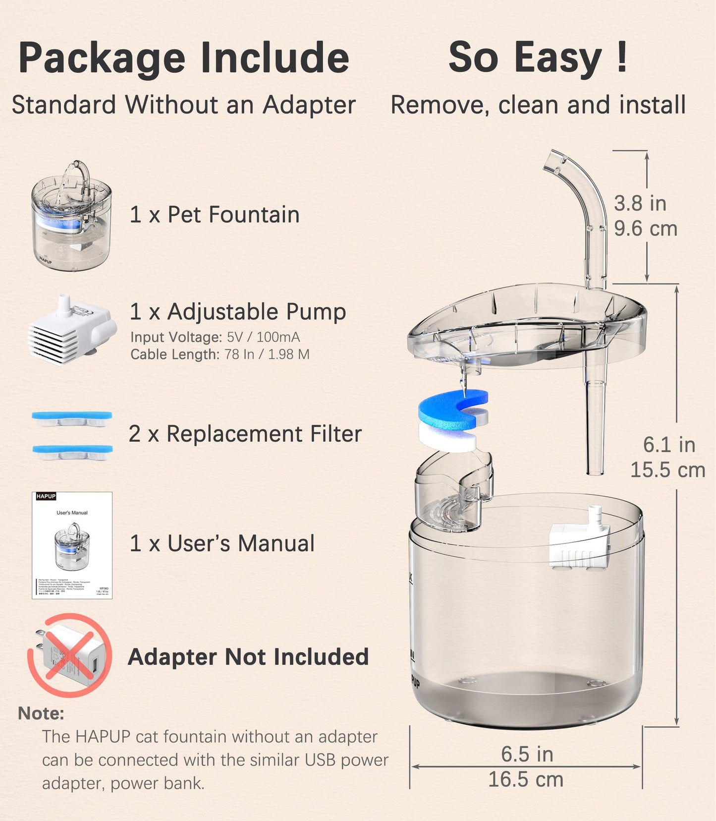 Fuente de agua para gatos HAPUP, dispensador de agua para perros, de 1.8 litros, fuente automática de agua potable transparente para mascotas, mejorada con dos filtros de repuesto, una bomba silenciosa de agua ajustable