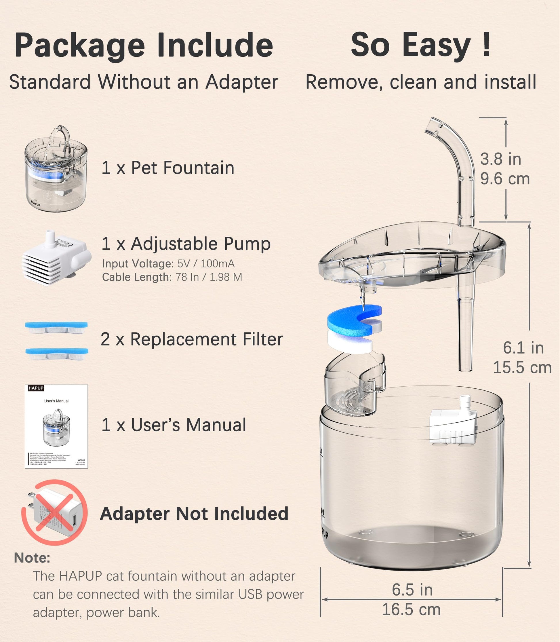 Fuente de agua para gatos HAPUP, dispensador de agua para perros, de 1.8 litros, fuente automática de agua potable transparente para mascotas, mejorada con dos filtros de repuesto, una bomba silenciosa de agua ajustable
