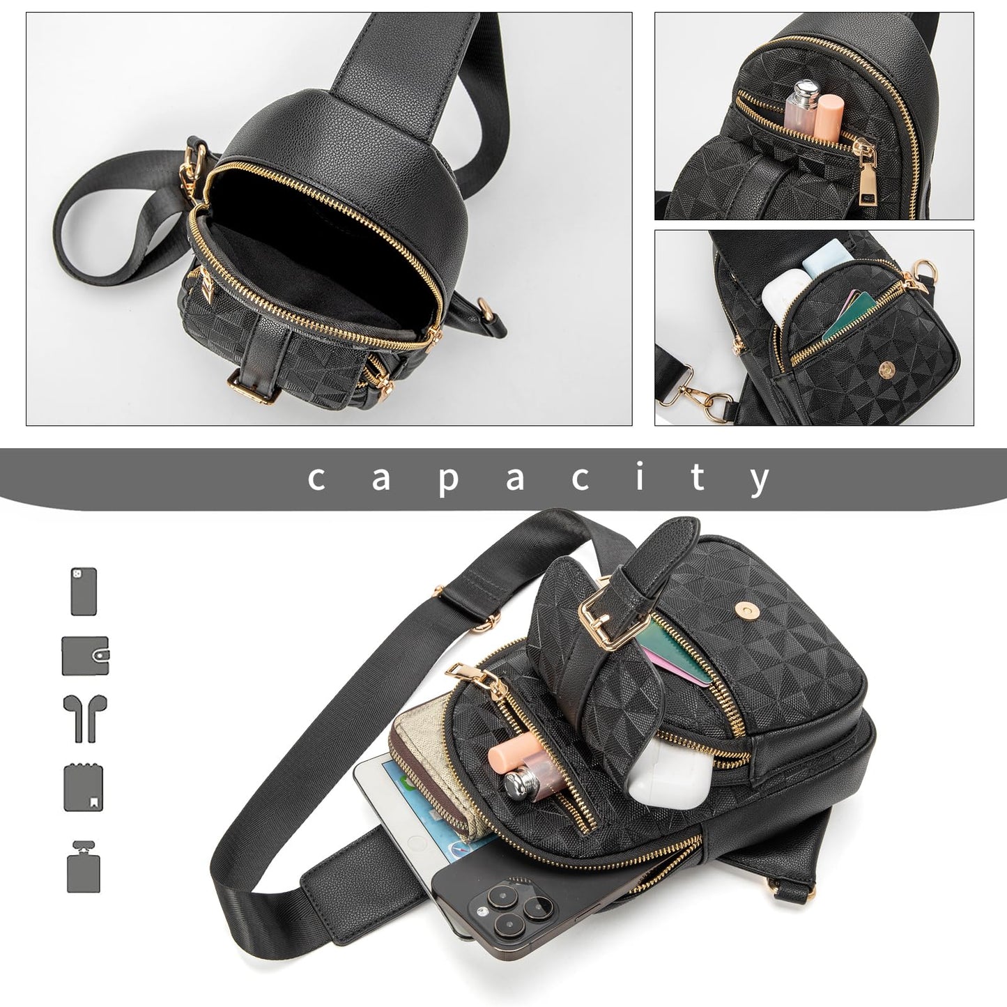 Riñonera Bandolera Moda Relajada para Mujer 9831-G-YH Negro con Diseño a Cuadros