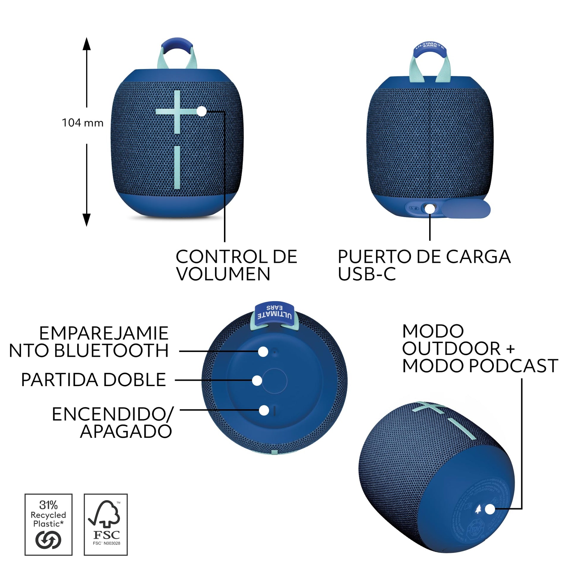 Ultimate Ears WONDERBOOM 4, Bocina Bluetooth portátil Resistente al Agua con Graves potentes y Sonido de 360 Grados, Bocina Flotante a Prueba de Polvo con Alcance de 40 Metros - Azul