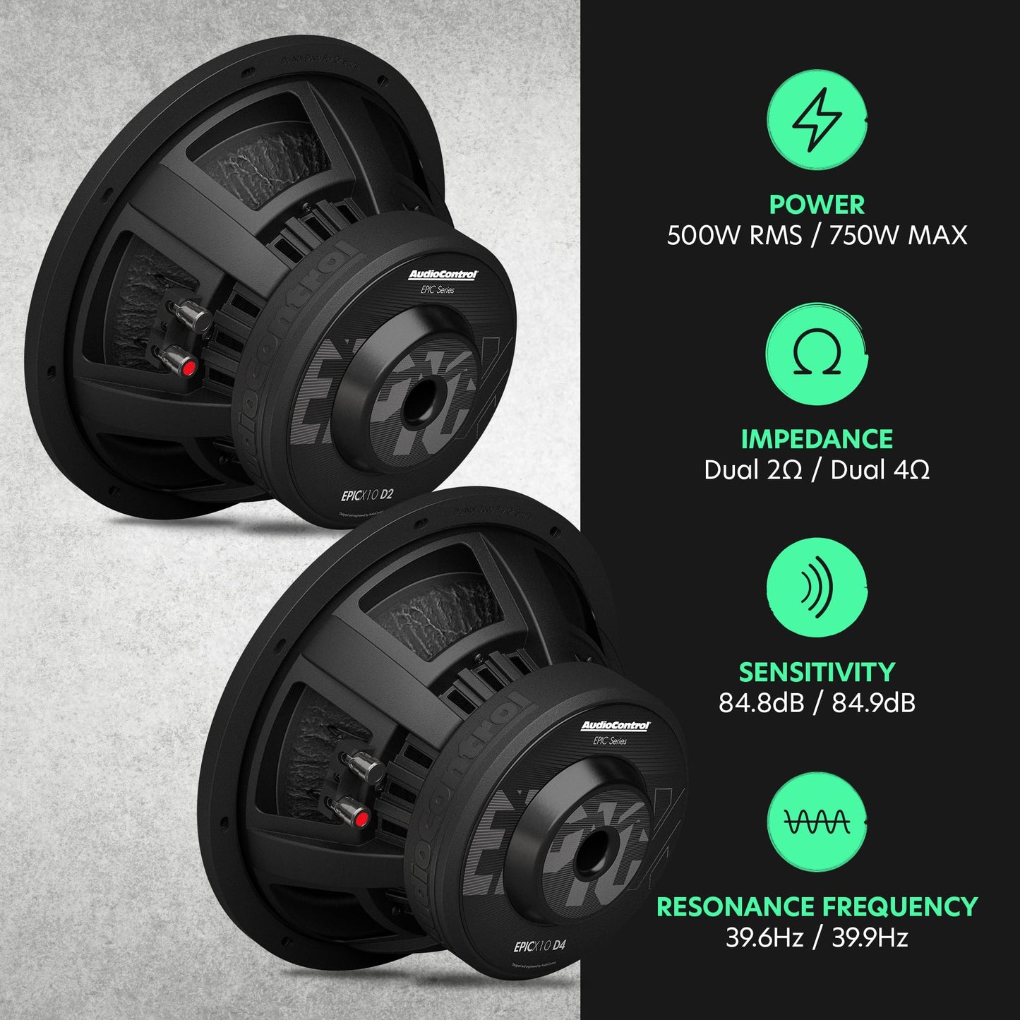 AudioControl EPICX Series - Altavoz de subwoofer para coche de 10 pulgadas, potencia máxima de 750 W (500 W RMS), bobinas de voz duales de 2 ohmios, sub Loud Pro StreetBass para sistema de audio para