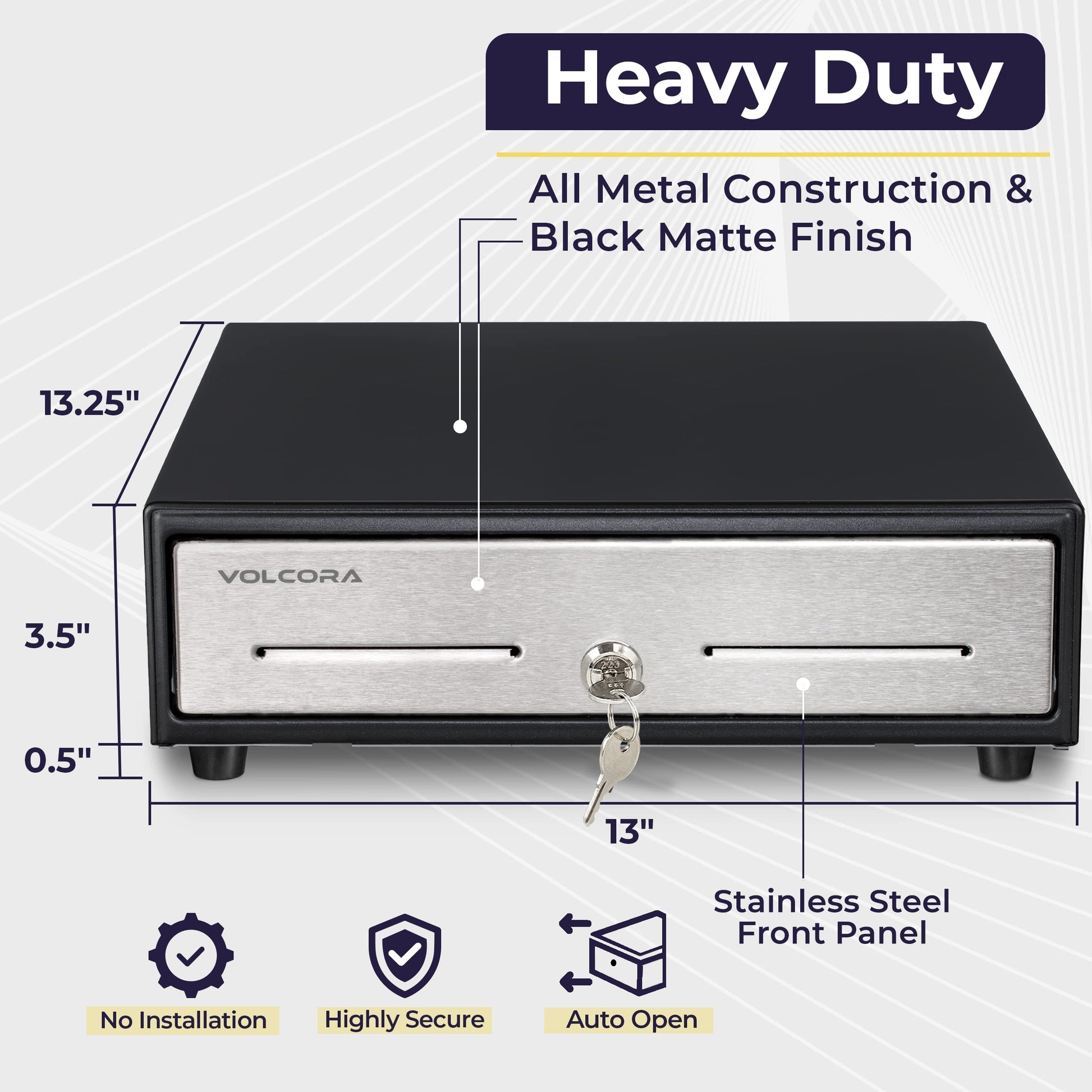 Cajón Registradora Volcora Negro Acero Inoxidable 13 Pulgadas con Bandeja de Efectivo para Sistema POS