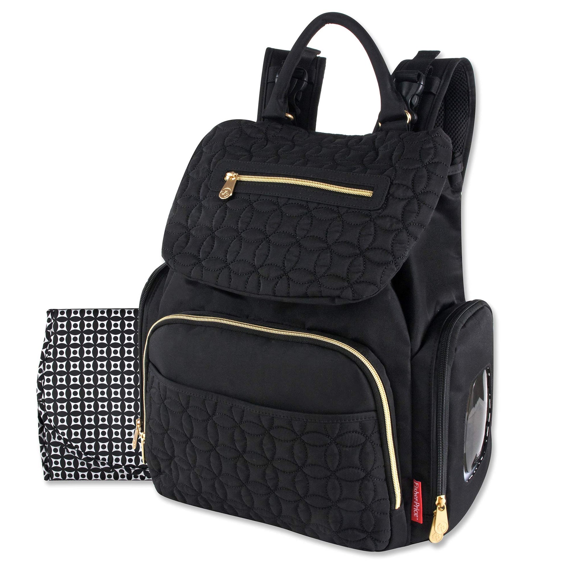 Mochila acolchada moderna para pañales y bolsa de viaje multiusos con cordón para bebé, juego de 3 piezas (negro)
