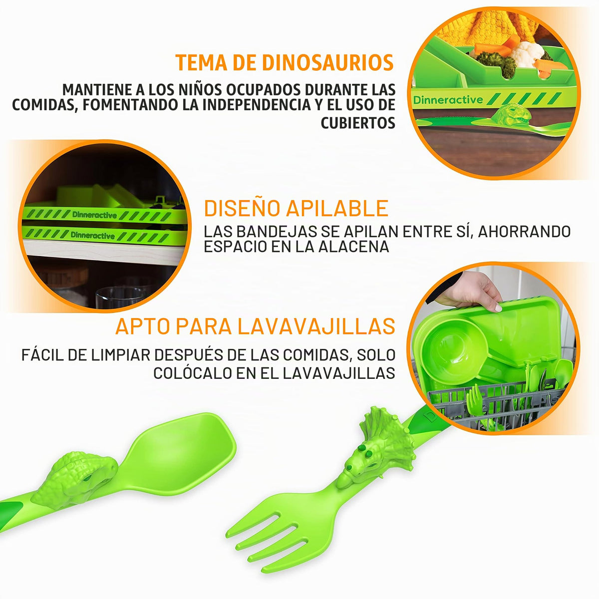 Dinneractive - Juego de comedor para niños, vajilla de dinosaurio verde, 3 piezas, utensilios de dinosaurio, platos para niños pequeños, platos para bebés