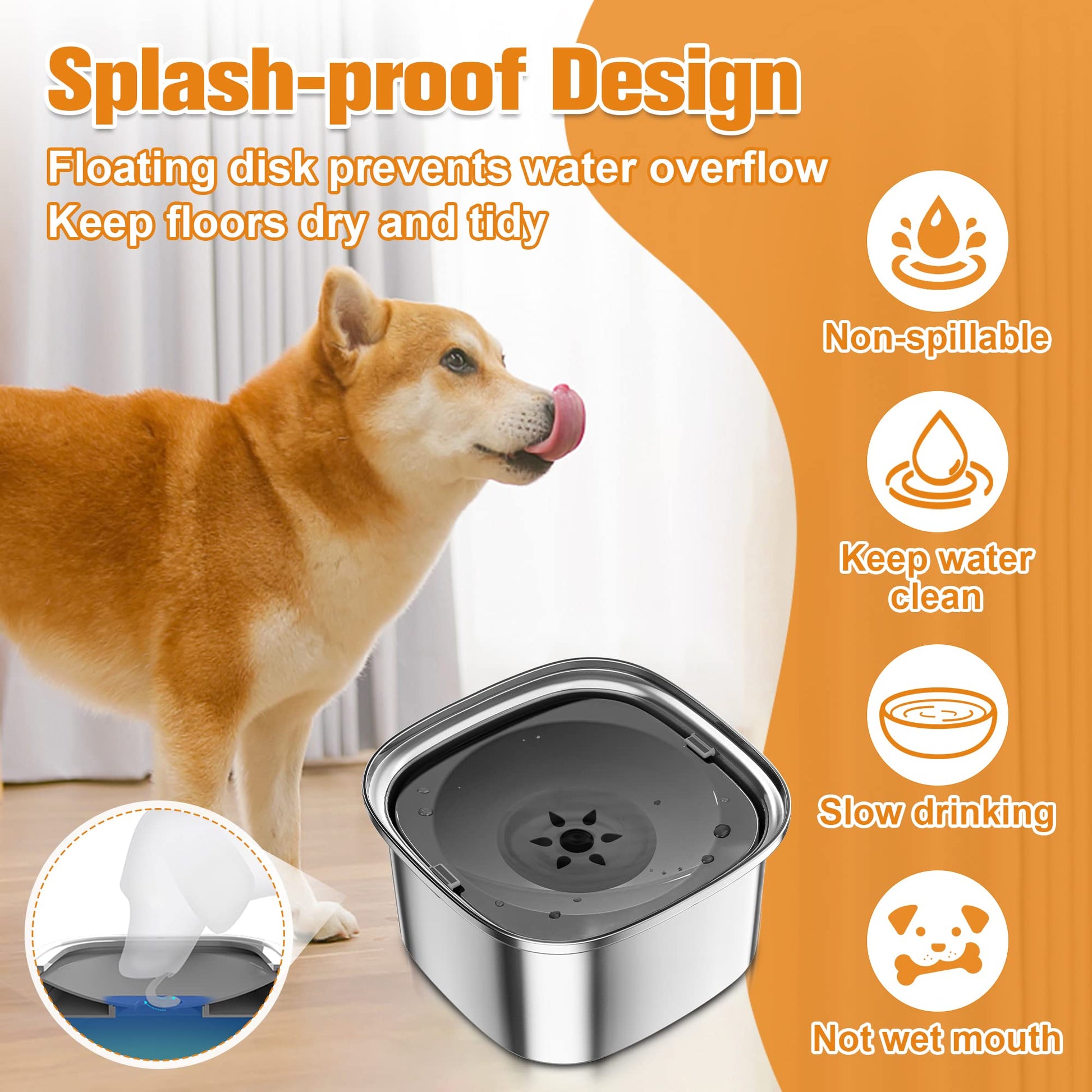 Decflow tazón de agua para perros de 3 litros de acero inoxidable con tapa, tazón de agua sin derrames para perros grandes, a prueba de salpicaduras, dispensador de agua para mascotas para bebedores desordenados