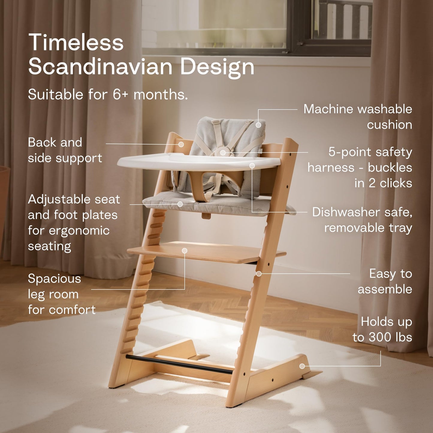 Stokke - Silla alta Tripp Trapp Cojín + Bandeja Stokke (Blanco) - Incluye Silla + Set de Bebé con Arnés Extraíble para Niños de 6 a 36 Meses (White)