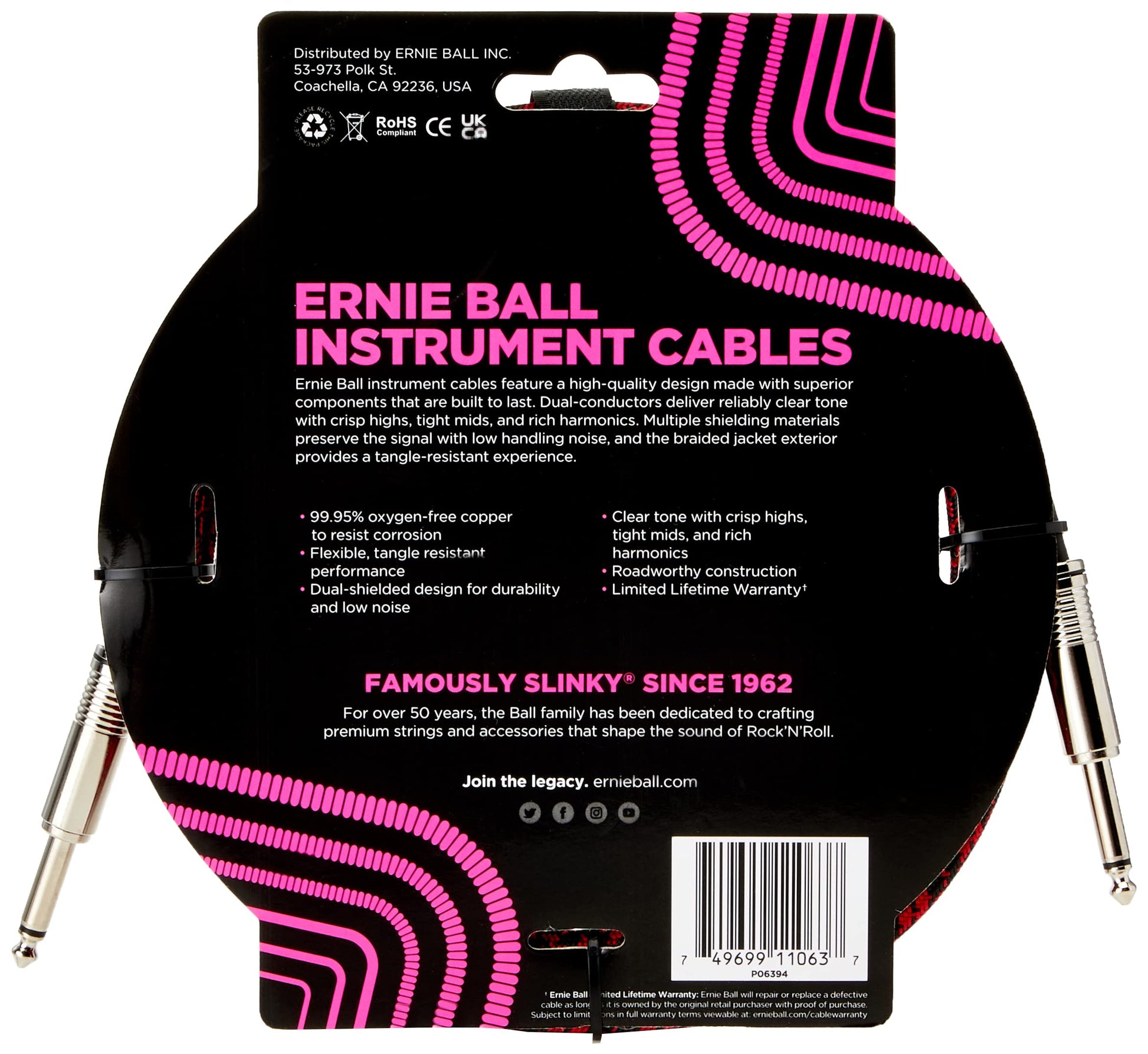 Cable de Inserción Ernie Ball Rojo Negro Trenzado de 10 Pulgadas