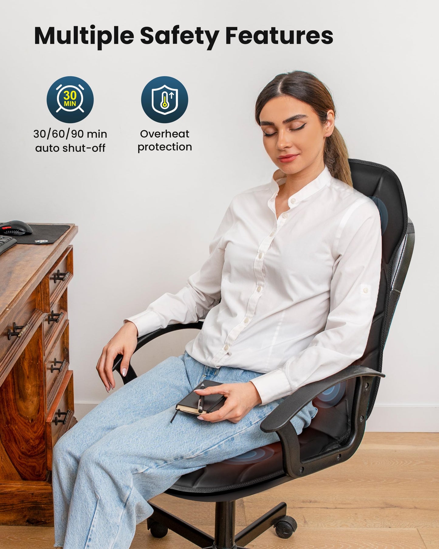 COMFIER Cojín de masaje para asiento, masajeador de espalda con 8 nodos de masaje y 5 modos, almohadilla de masaje para silla ajustable con calor para oficina en casa, almohadilla de silla con calef