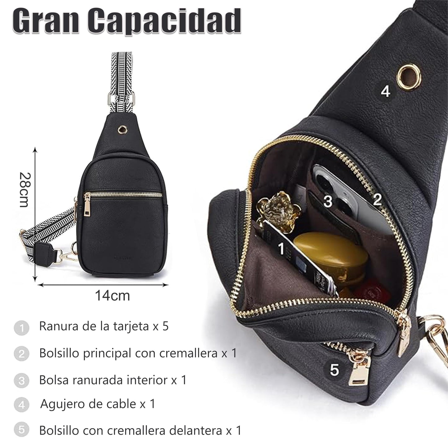 Riñonera Moda Deportiva de Piel Negra con Correa Ajustable para Mujer