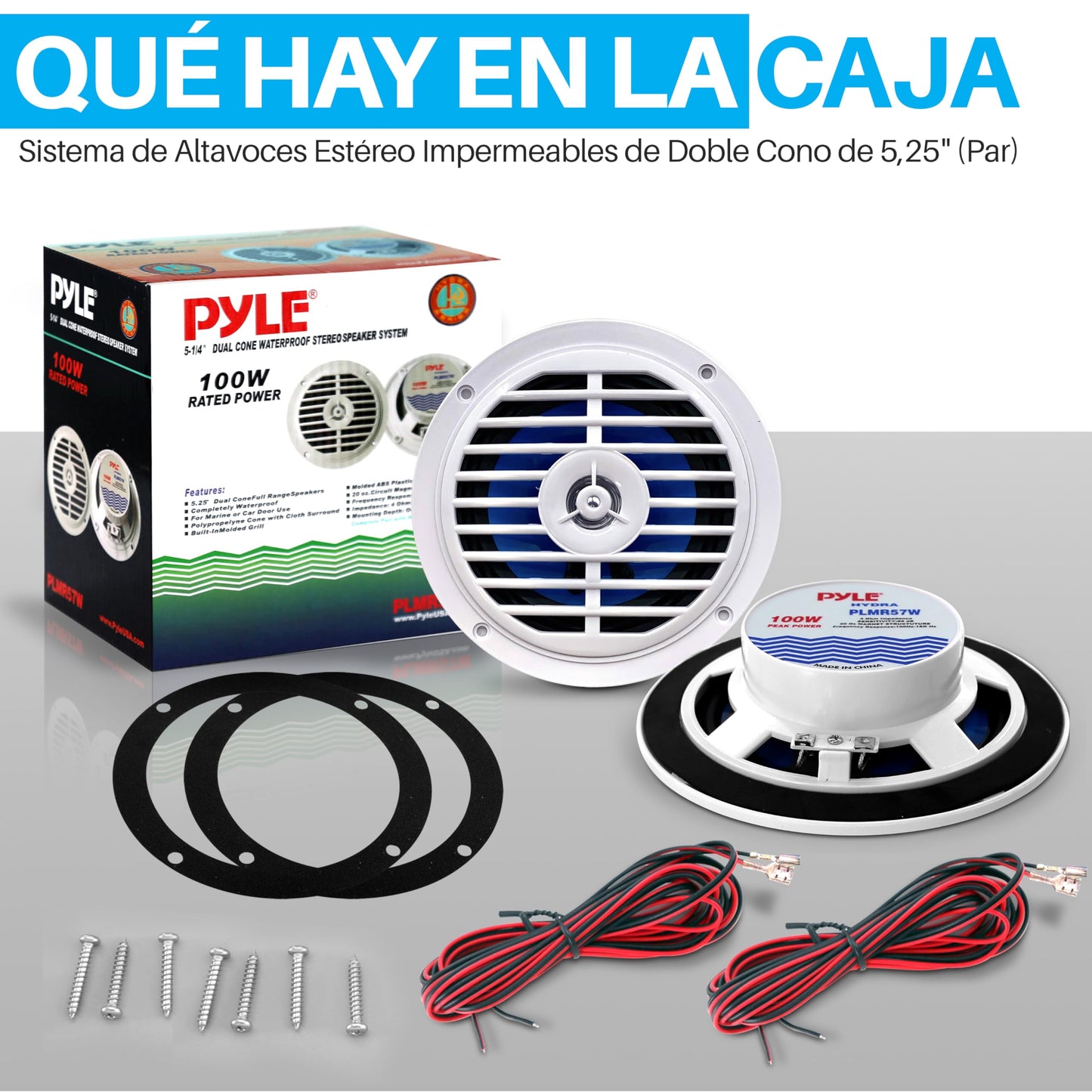 Pyle Bocinas Marinas 5.25 Pulgadas 100 Vatios, 2 Vías, Altavoces para Exteriores, Impermeables y Resistentes, Cono Policarbonato, Borde de Tela, 1 Par