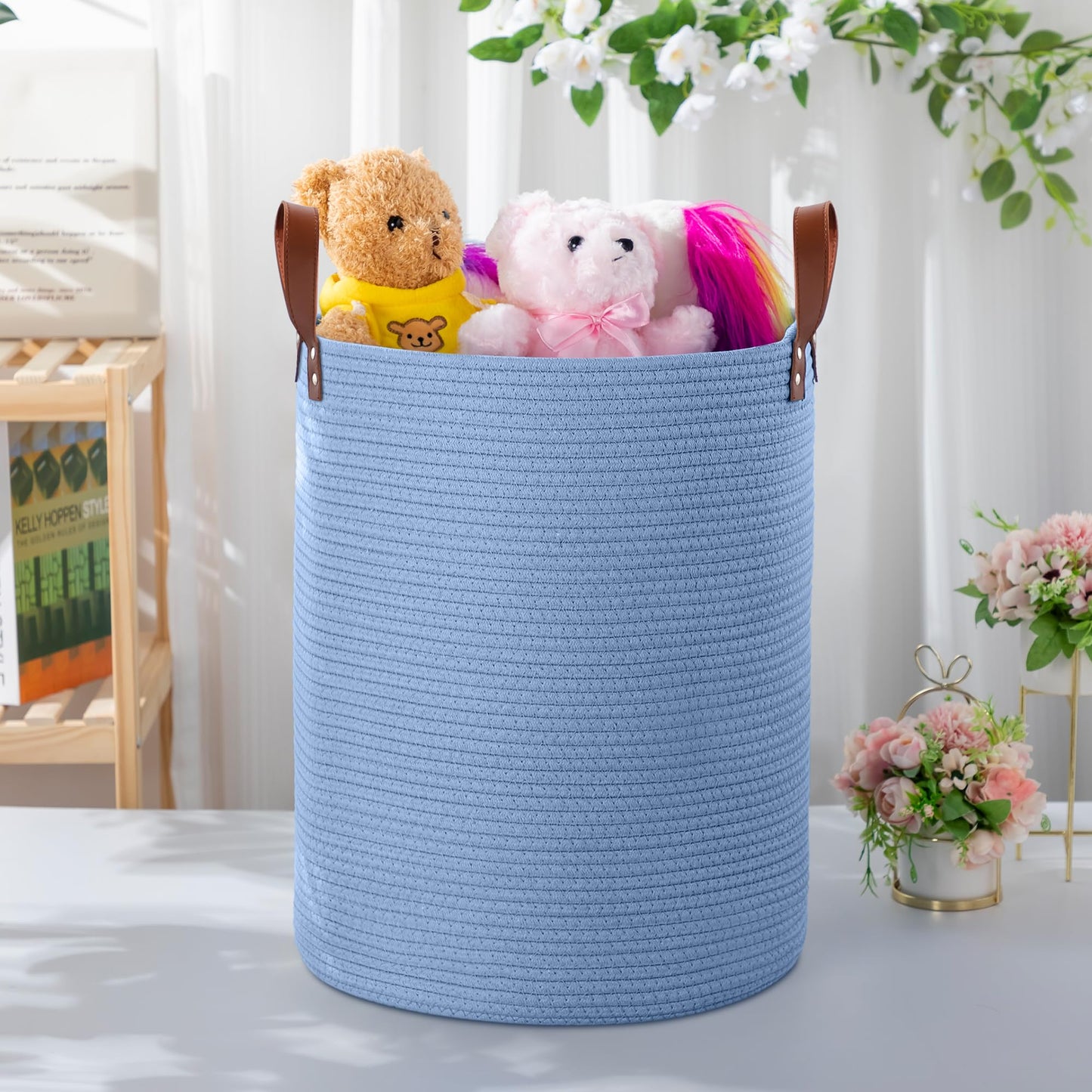 Wymulot - Cesta grande de cuerda de 80 l, cesta de almacenamiento de cuerda tejida con asas de piel, cesta de almacenamiento de juguetes para perros, recámara, almacenamiento de manta de guardería,