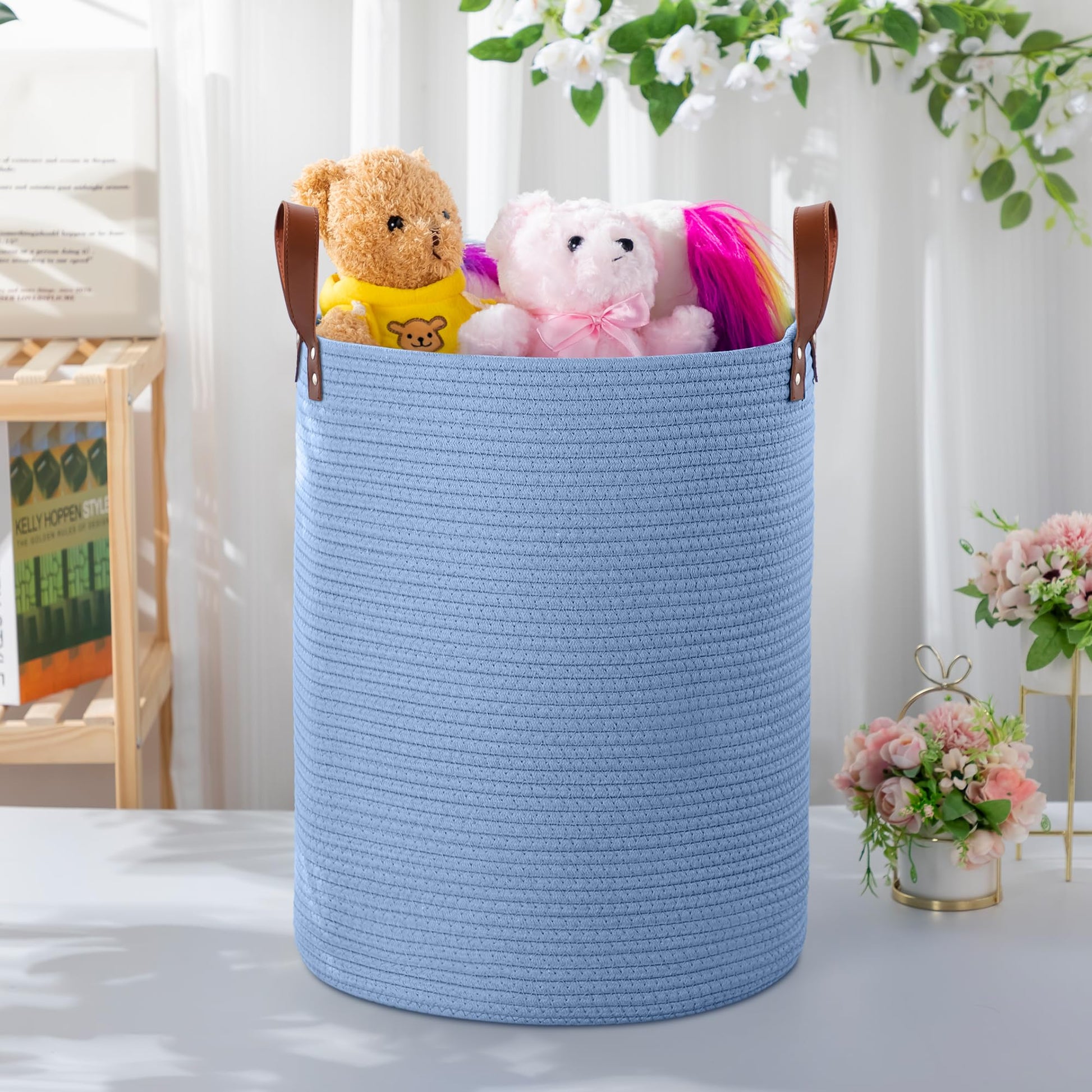 Wymulot - Cesta grande de cuerda de 80 l, cesta de almacenamiento de cuerda tejida con asas de piel, cesta de almacenamiento de juguetes para perros, recámara, almacenamiento de manta de guardería,