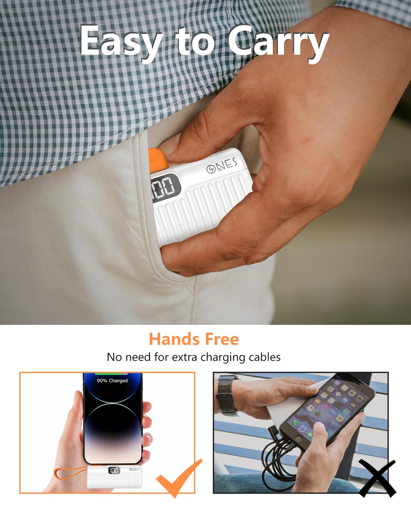 Batería Externa ONES Blanca Carga Rápida con Pantalla LED y Mini Cargador Portátil 5000mAh