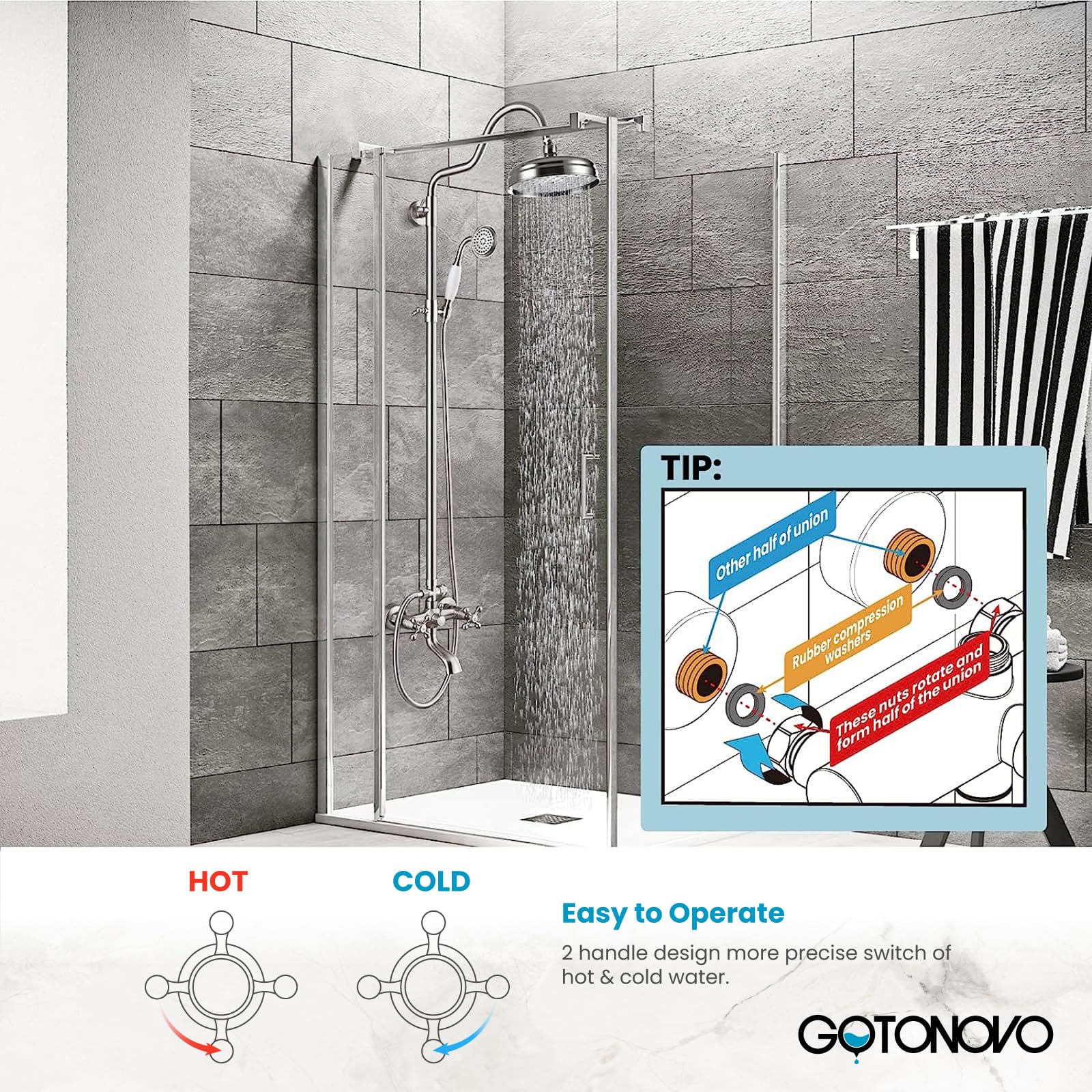 Gotonovo - Sistema de ducha de baño expuesto, accesorio de ducha clásico de 8 pulgadas, cabezal de ducha de lluvia de mano, llenador de tina de latón de 3 funciones, montaje en pared, doble perilla de
