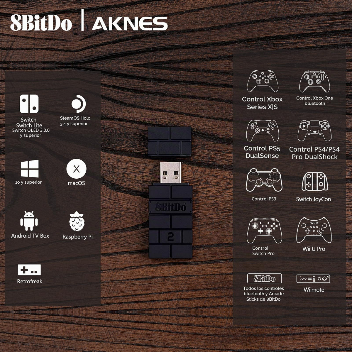 Adaptador de Mando AKNES USB 8BitDo Inalámbrico Convertidor Dongle