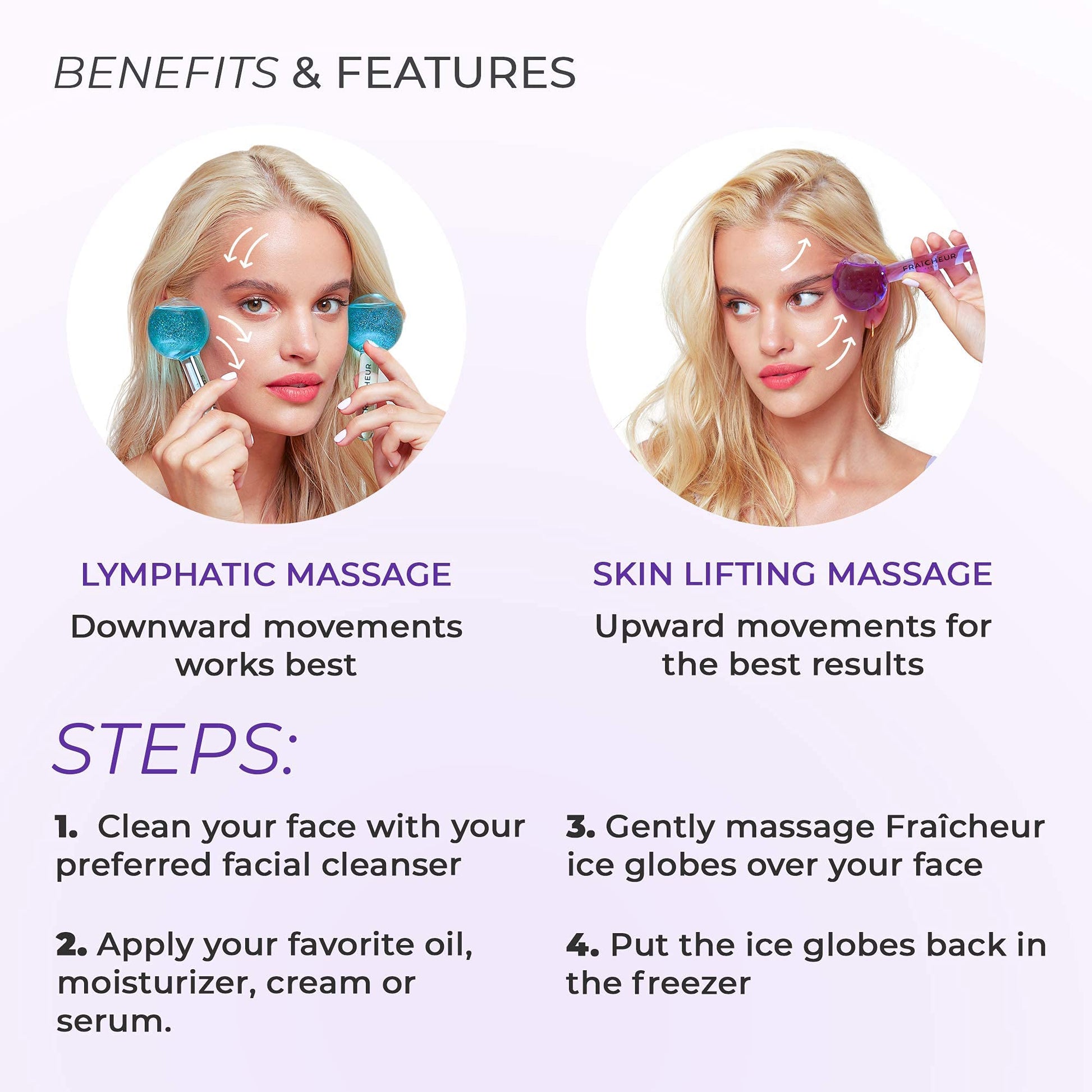 FRAÎCHEUR ICE Globes | Frozen Cryo Roller for Cold Facial Massage | Skincare Cooling Glass Massager with Anti-Freeze Liquid Inside | Reduce Puffiness, Pores (Pink with Glitters)