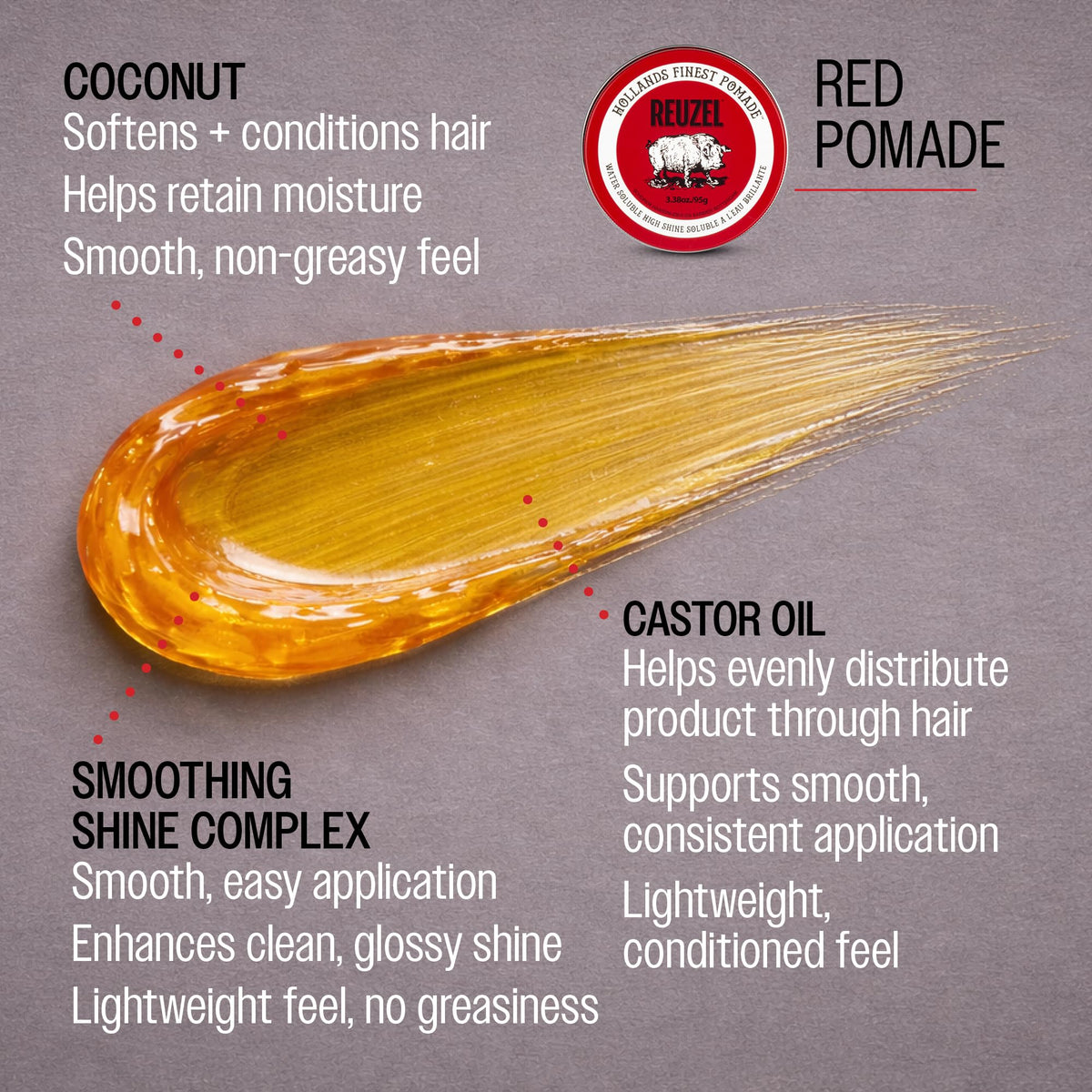 Reuzel Pomada roja de fijación media y brillo intenso para hombres, pomada soluble en agua para un aspecto flexible y brillante, 3,38 oz/95 g